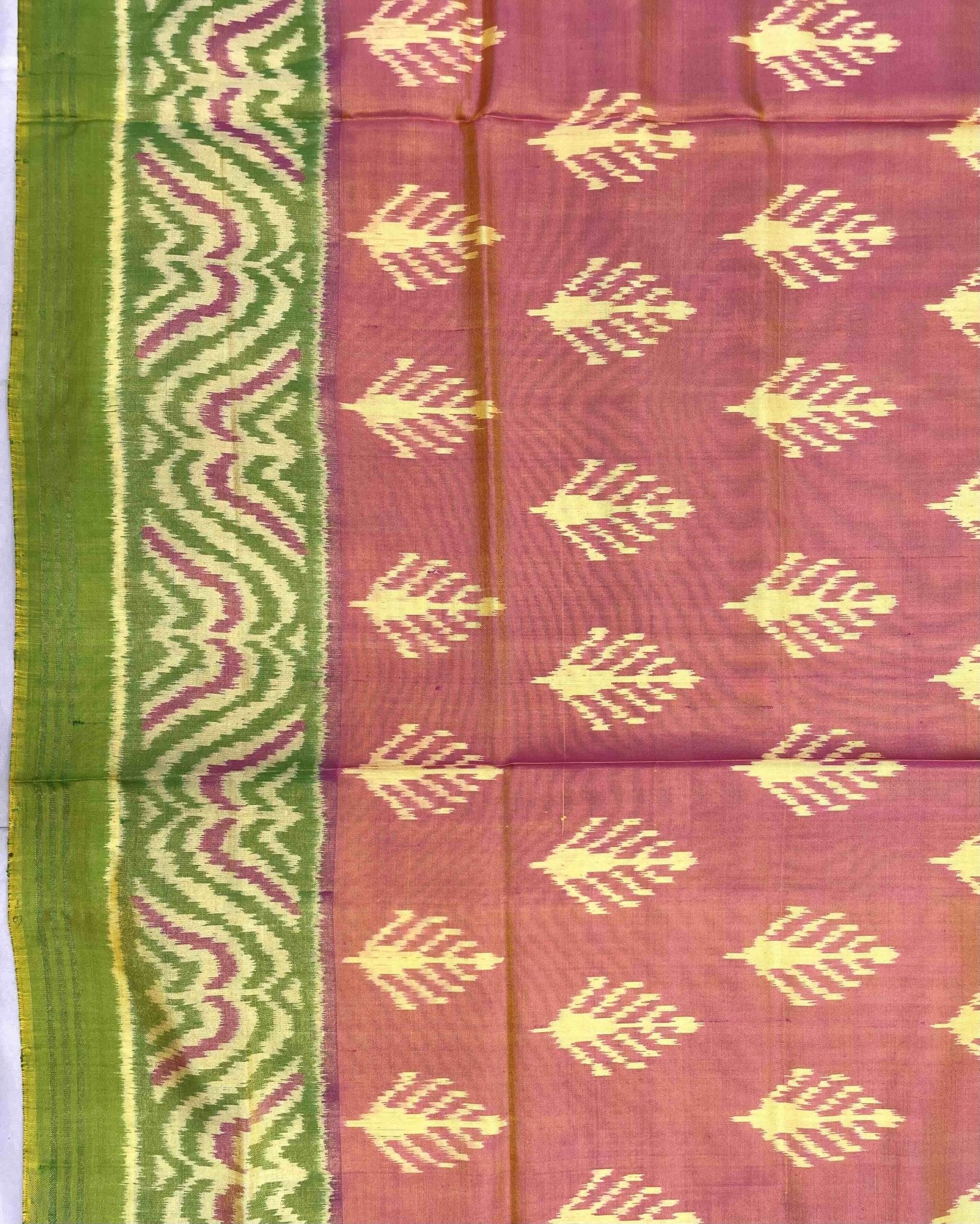 Parrot Green & Peack Pink Fancy Leaves Patola Saree - SindhoiPatolaArt