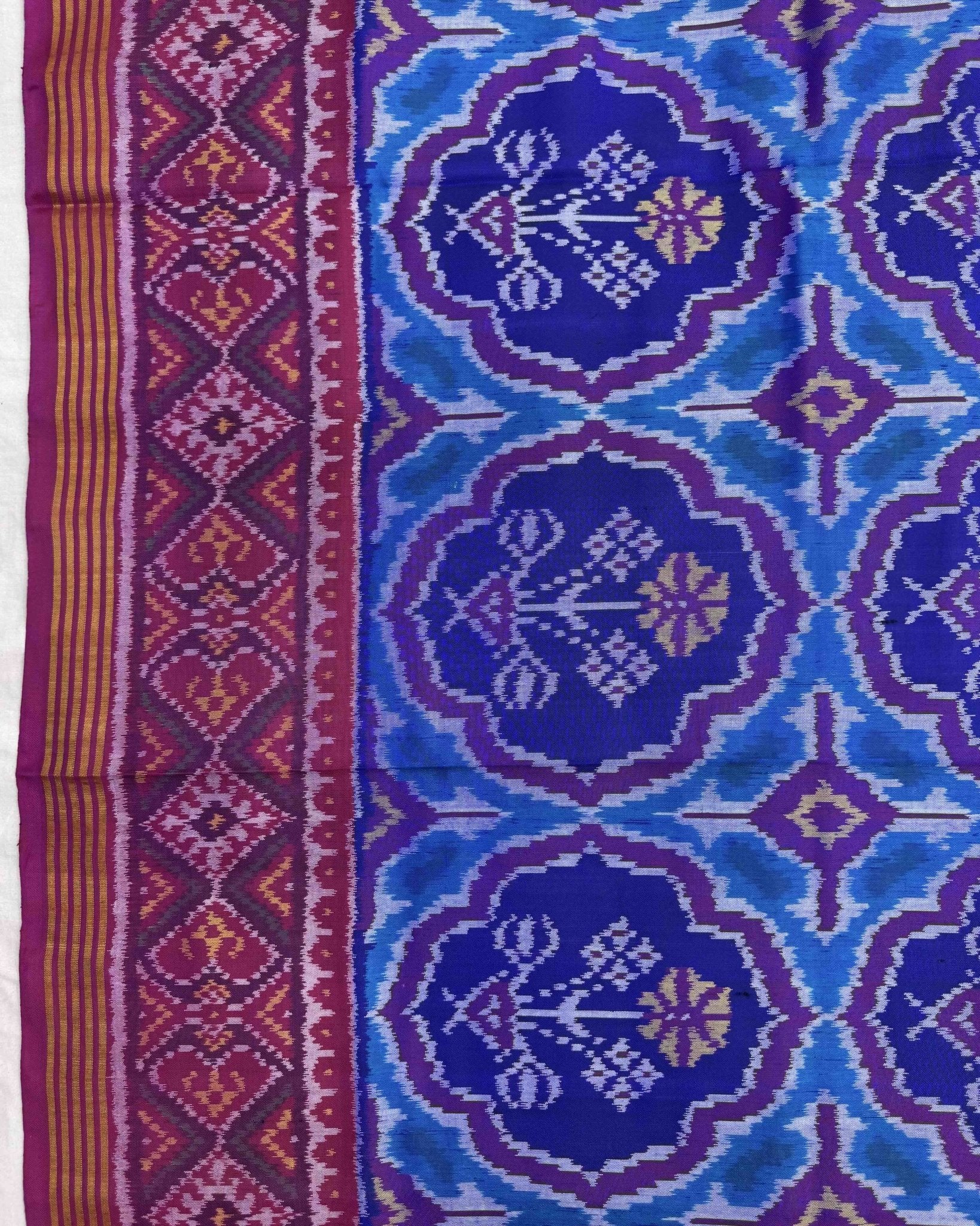 Pink & Blue Chhabdi Flower Semi Double Ikat Patola Saree - SindhoiPatolaArt