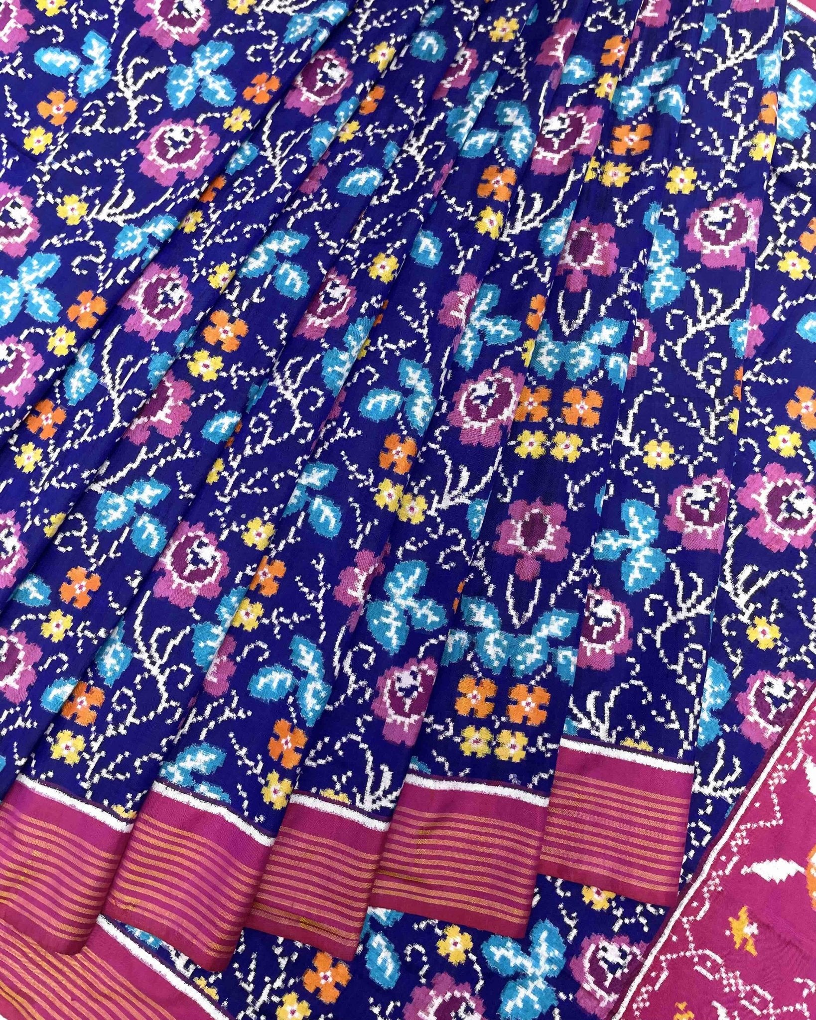 Pink & Blue Fancy Flower Double Ikat Patola Saree - SindhoiPatolaArt