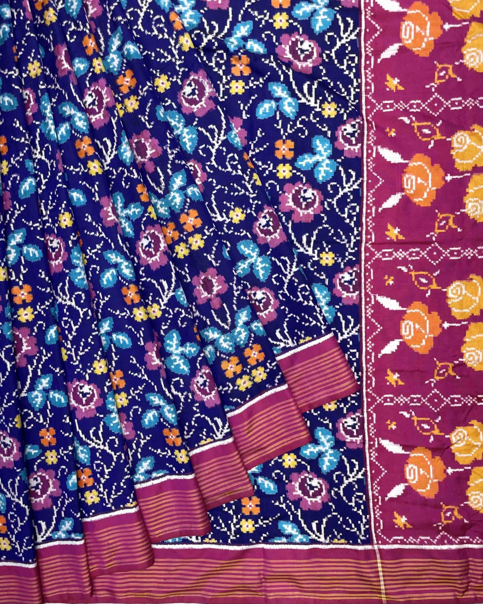 Pink & Blue Fancy Flower Double Ikat Patola Saree - SindhoiPatolaArt