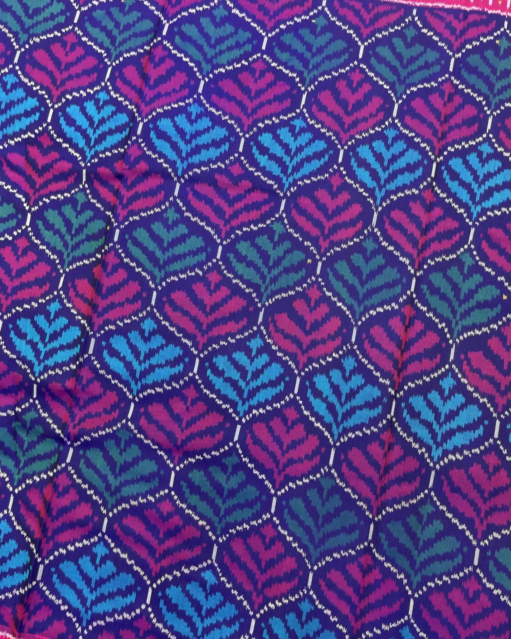 Pink & Blue Fancy Flower Patola Saree - SindhoiPatolaArt