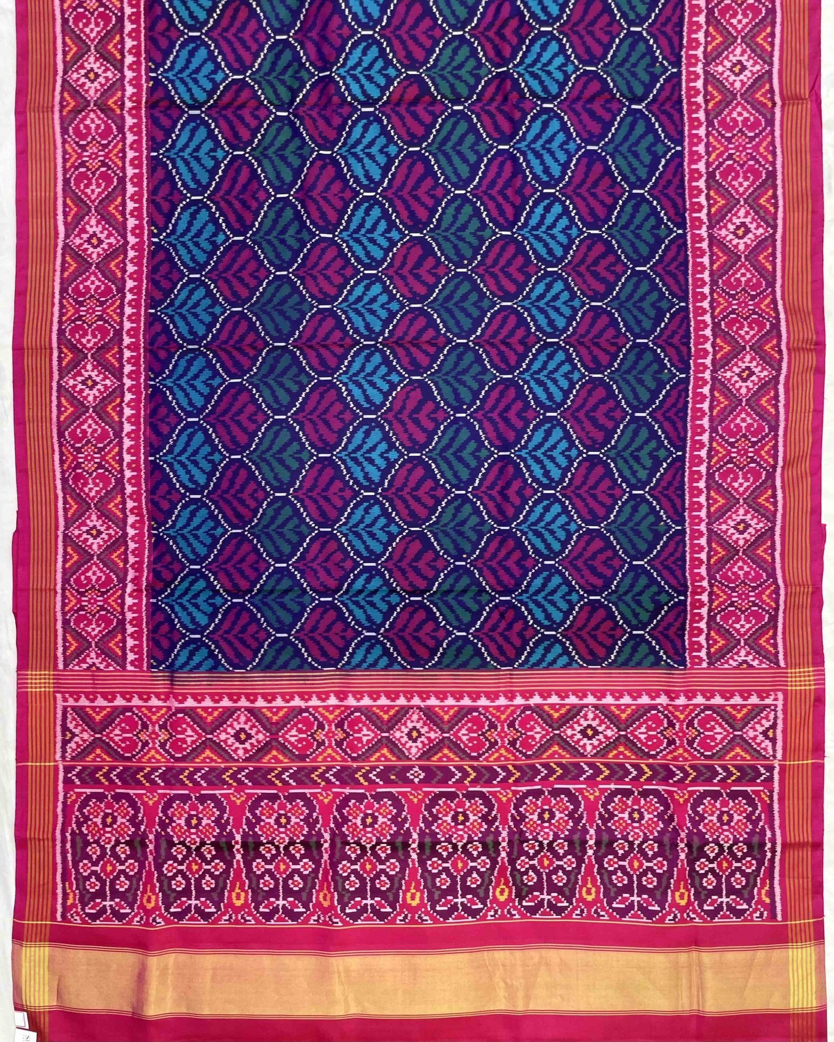 Pink & Blue Fancy Flower Patola Saree - SindhoiPatolaArt