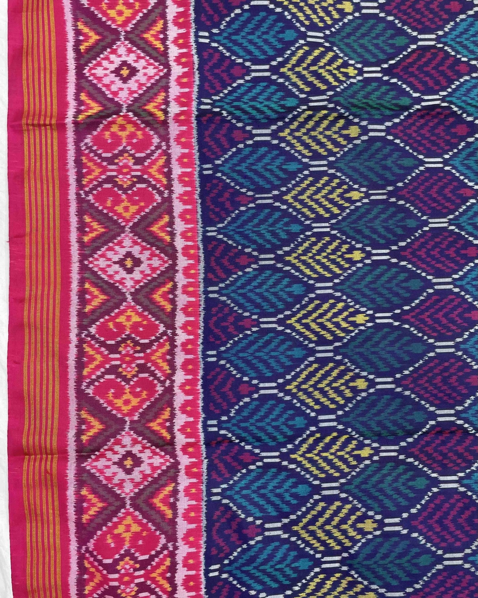 Pink & Blue Fancy Leaves Design Patola Saree - SindhoiPatolaArt