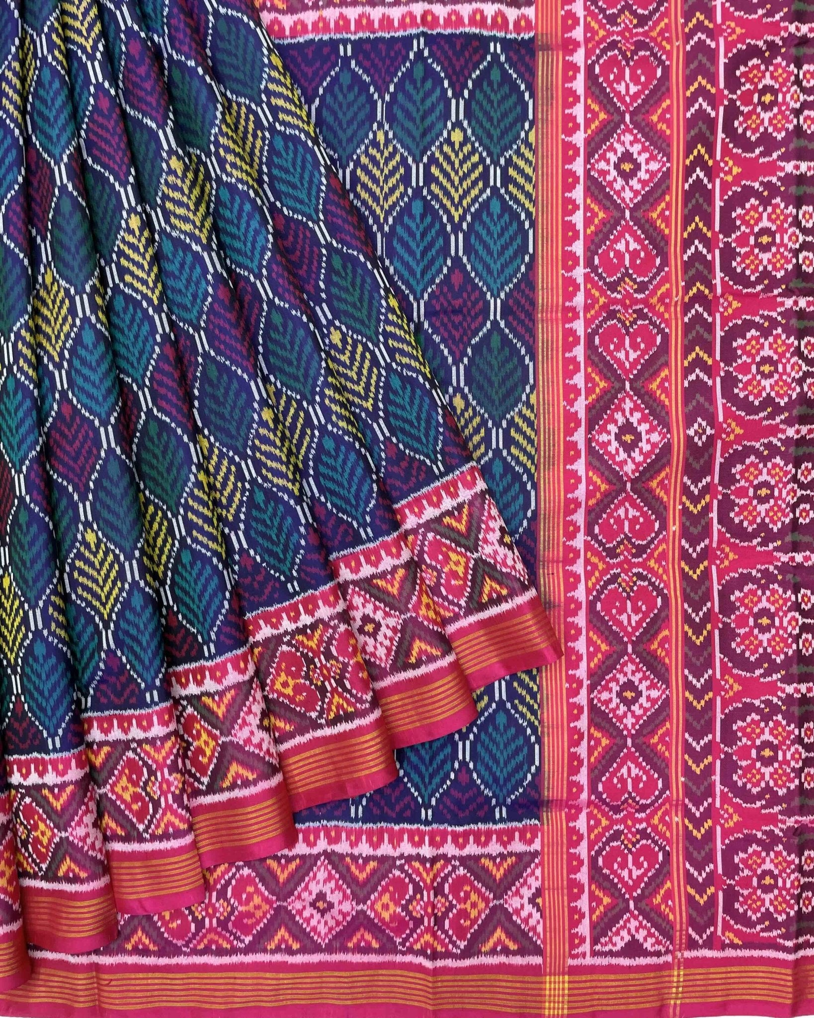 Pink & Blue Fancy Leaves Design Patola Saree - SindhoiPatolaArt