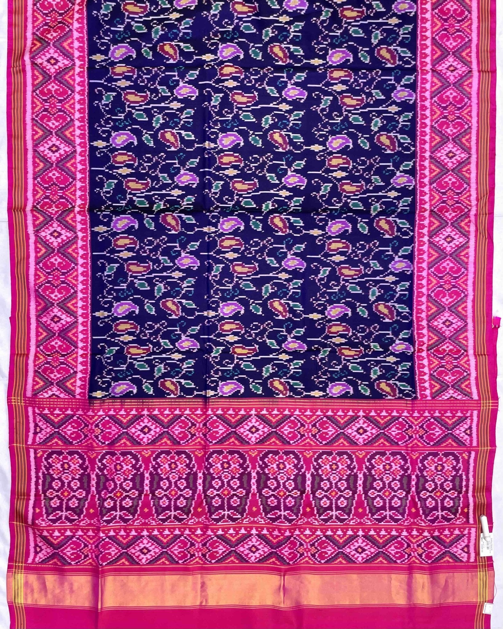 Pink & Blue Fancy Leaves Patola Saree - SindhoiPatolaArt