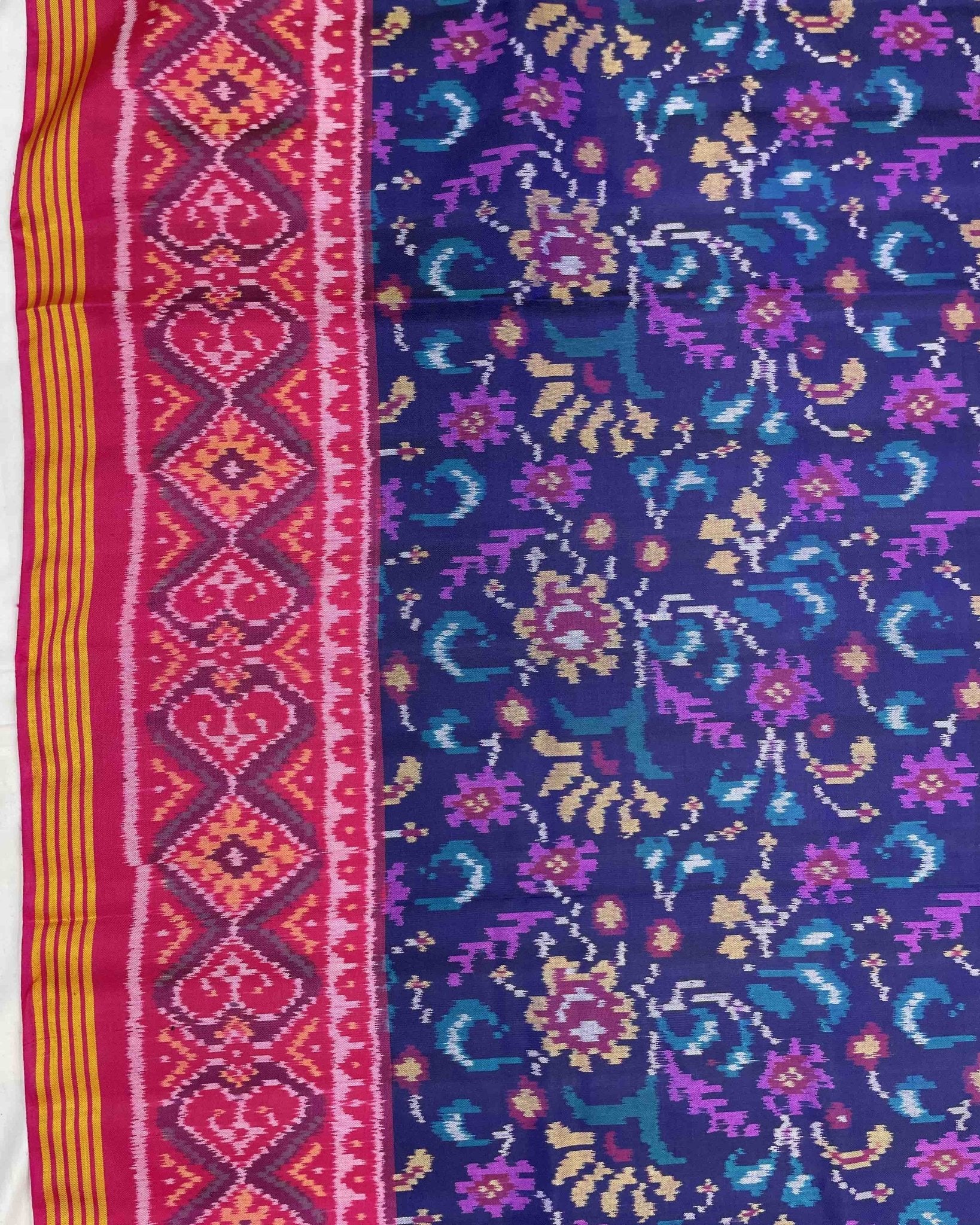 Pink & Blue Leaves Flower Patola Saree - SindhoiPatolaArt