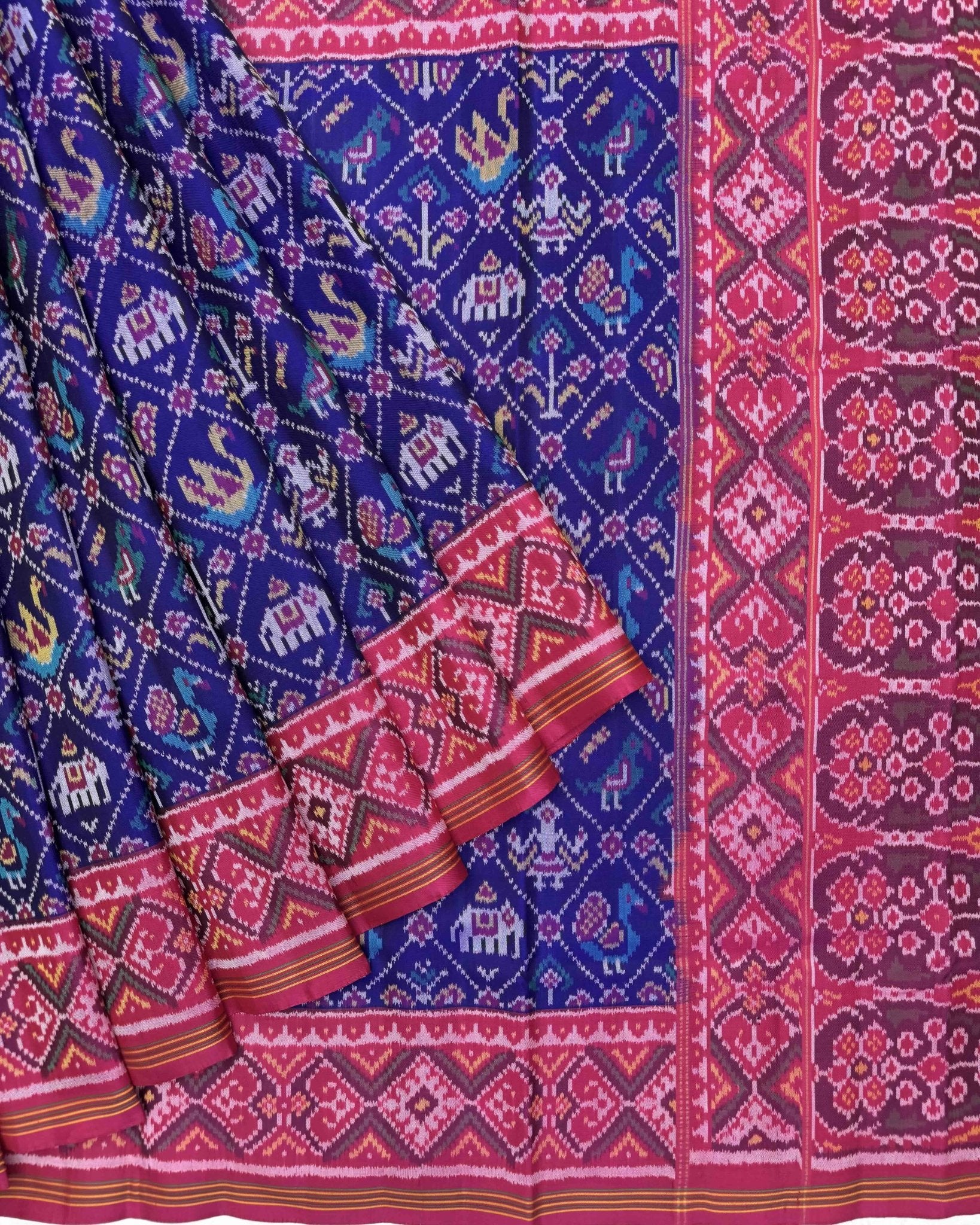 Pink & Blue Narikunj Semi Double Ikat Patola Saree - SindhoiPatolaArt