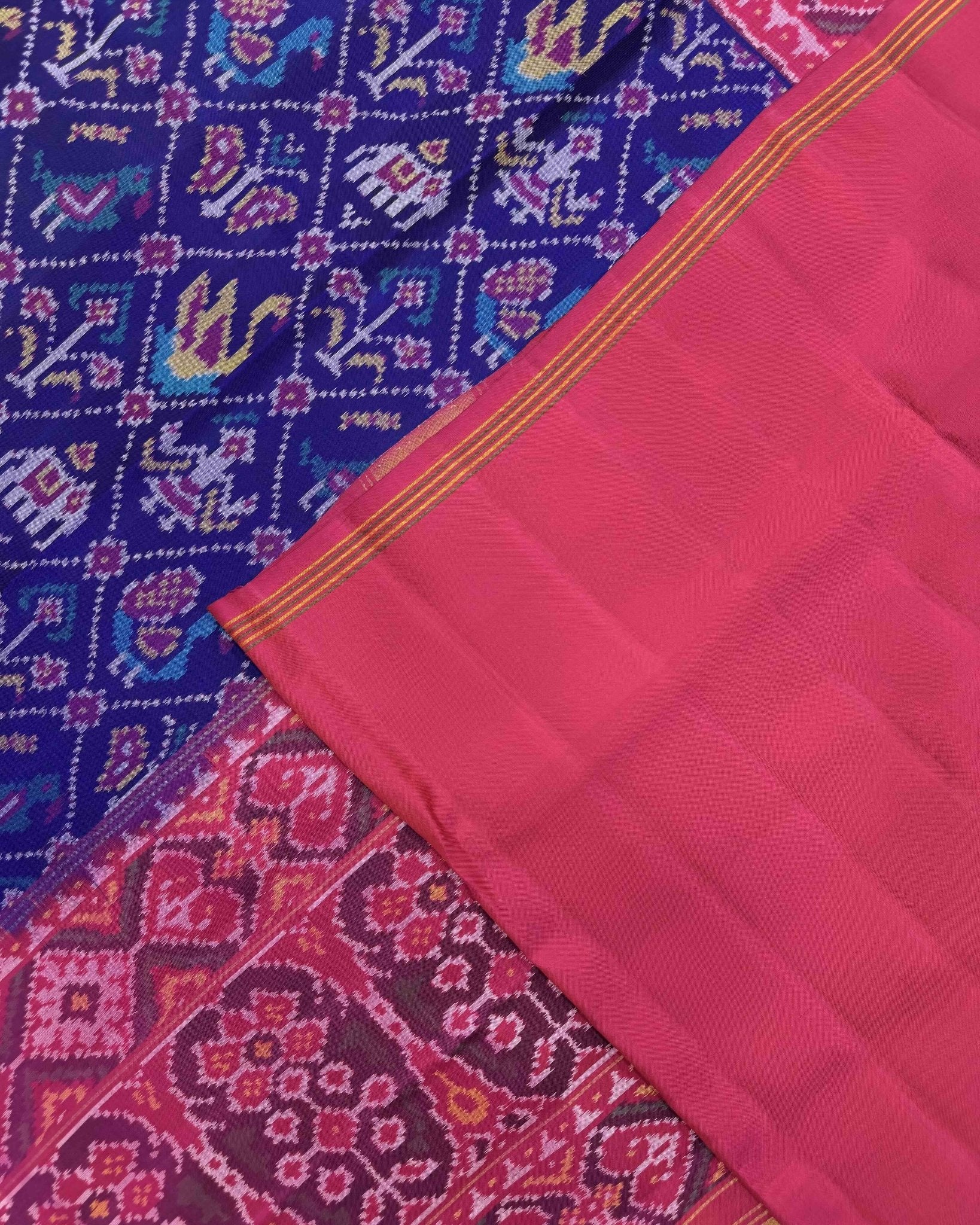 Pink & Blue Narikunj Semi Double Ikat Patola Saree - SindhoiPatolaArt