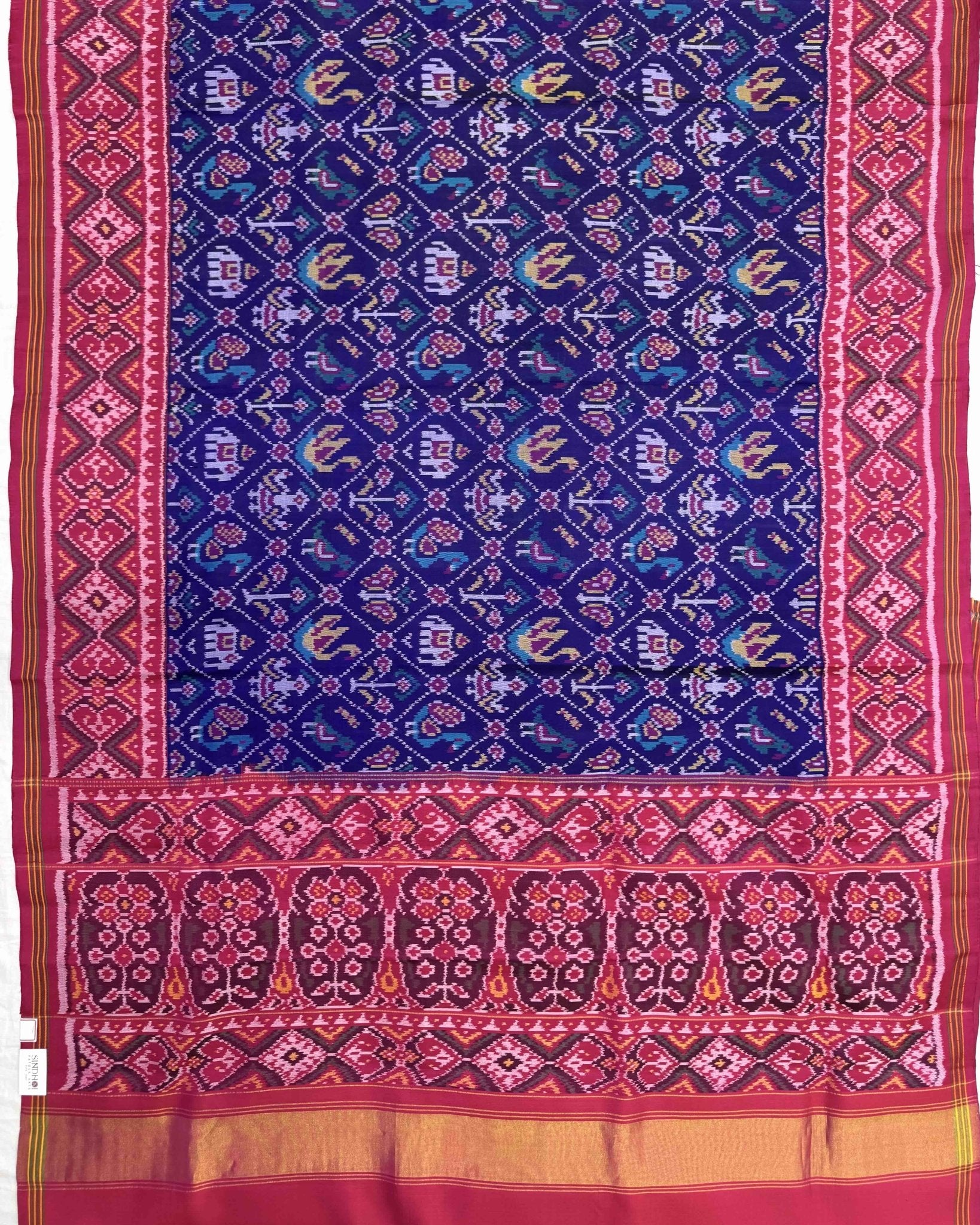Pink & Blue Narikunj Semi Double Ikat Patola Saree - SindhoiPatolaArt