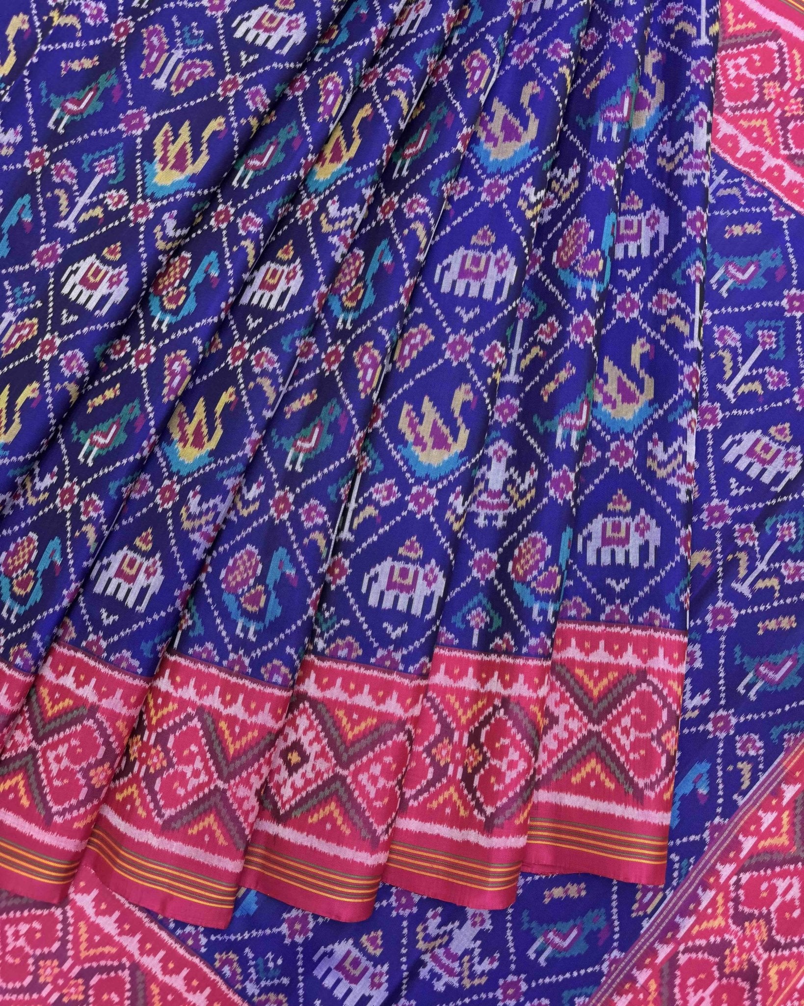 Pink & Blue Narikunj Semi Double Ikat Patola Saree - SindhoiPatolaArt
