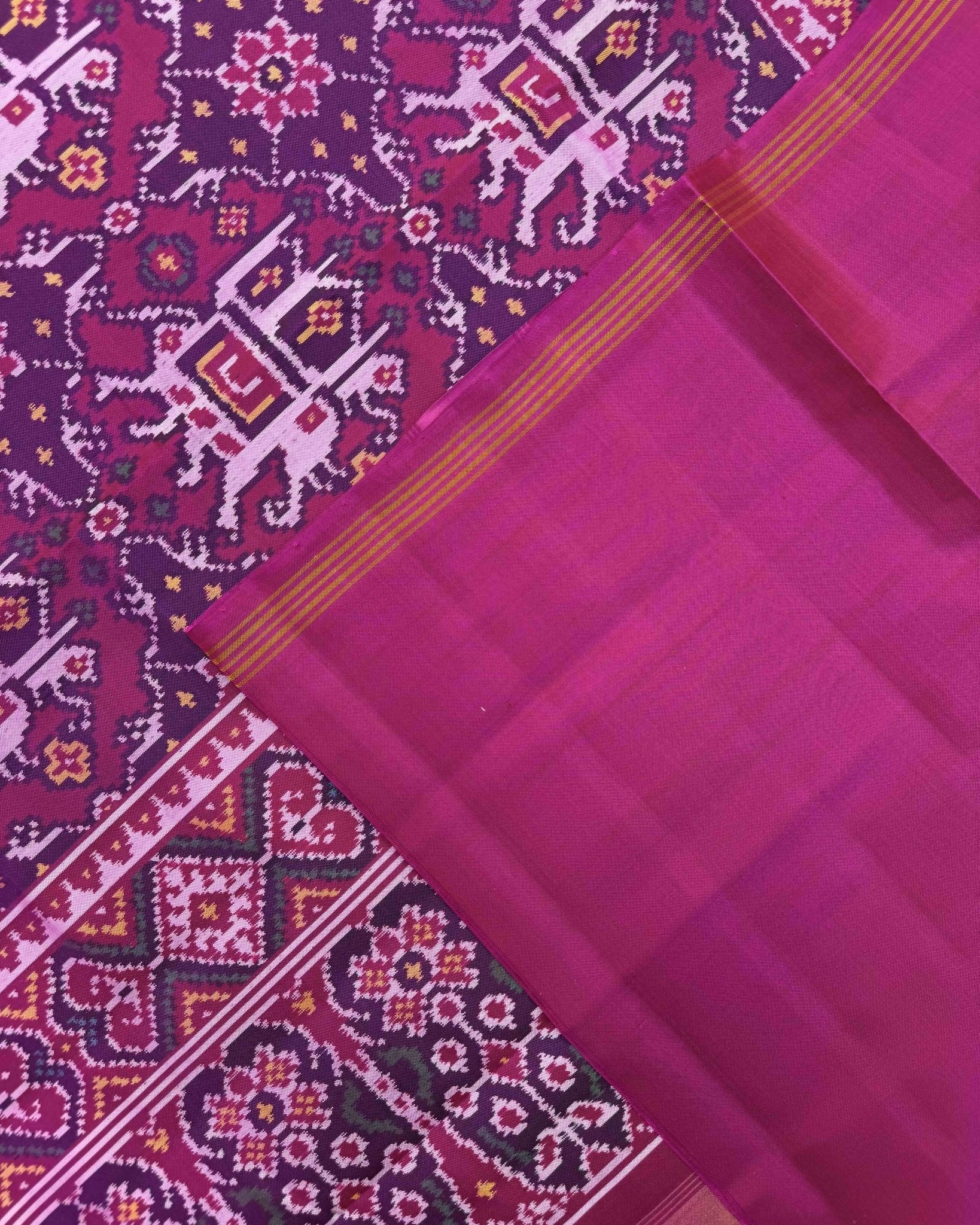 Pink Elephant Chhabdi Semi Double Ikat Patola Saree - SindhoiPatolaArt
