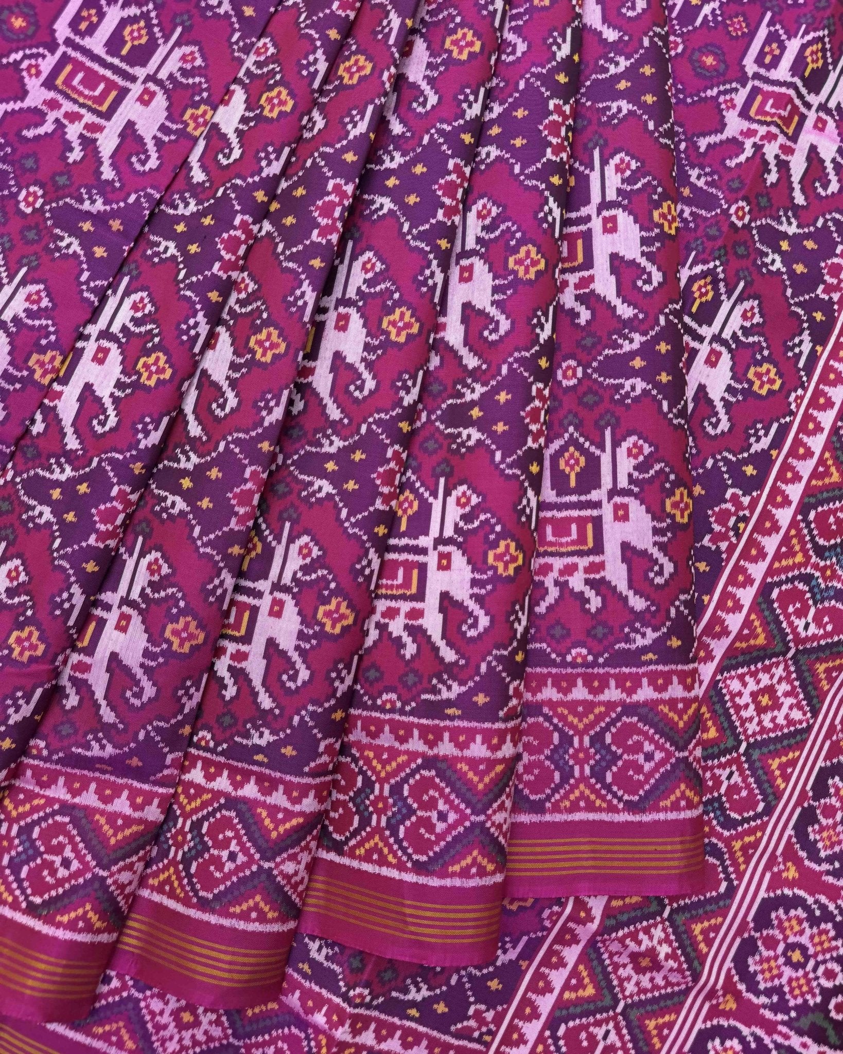 Pink Elephant Chhabdi Semi Double Ikat Patola Saree - SindhoiPatolaArt