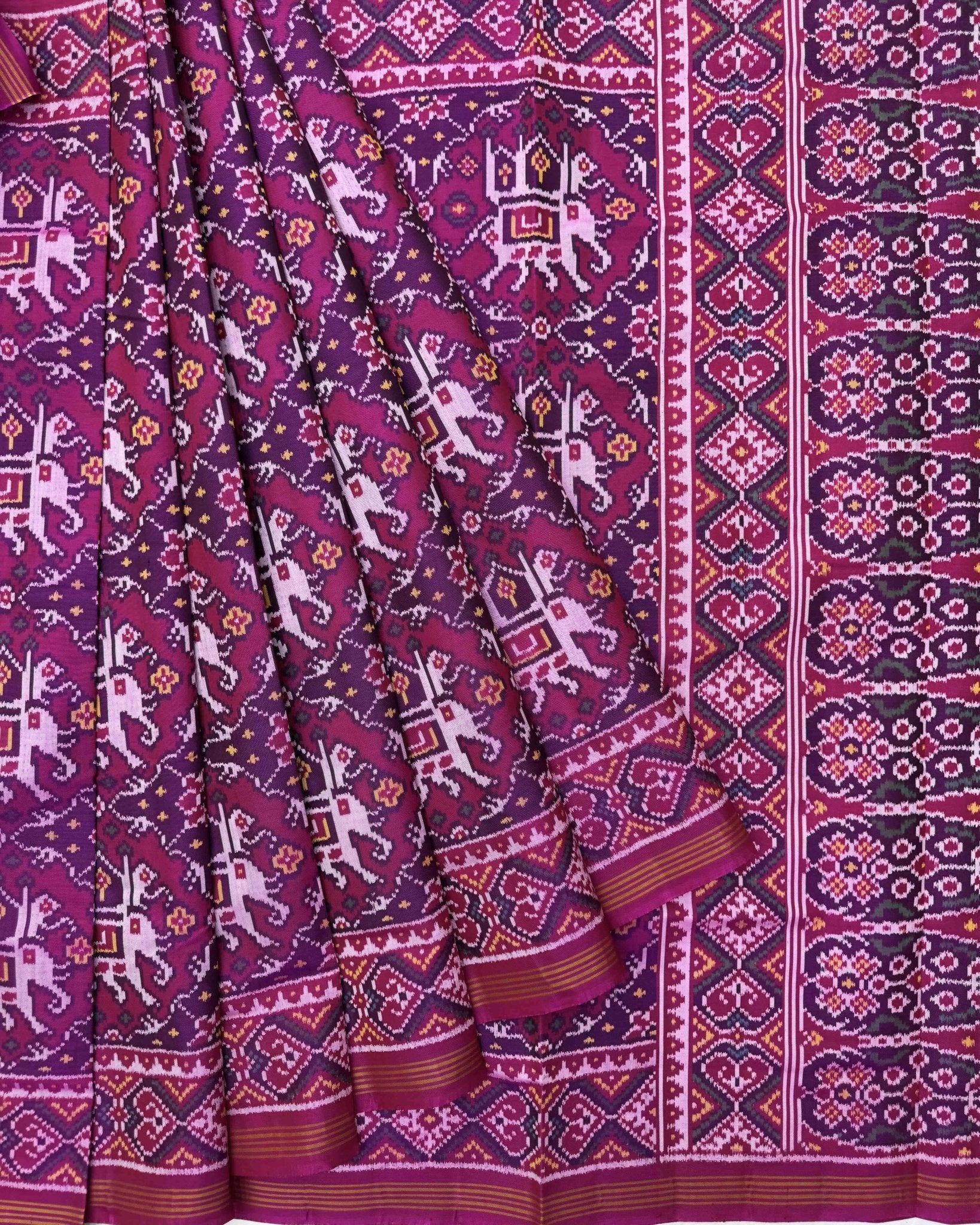 Pink Elephant Chhabdi Semi Double Ikat Patola Saree - SindhoiPatolaArt