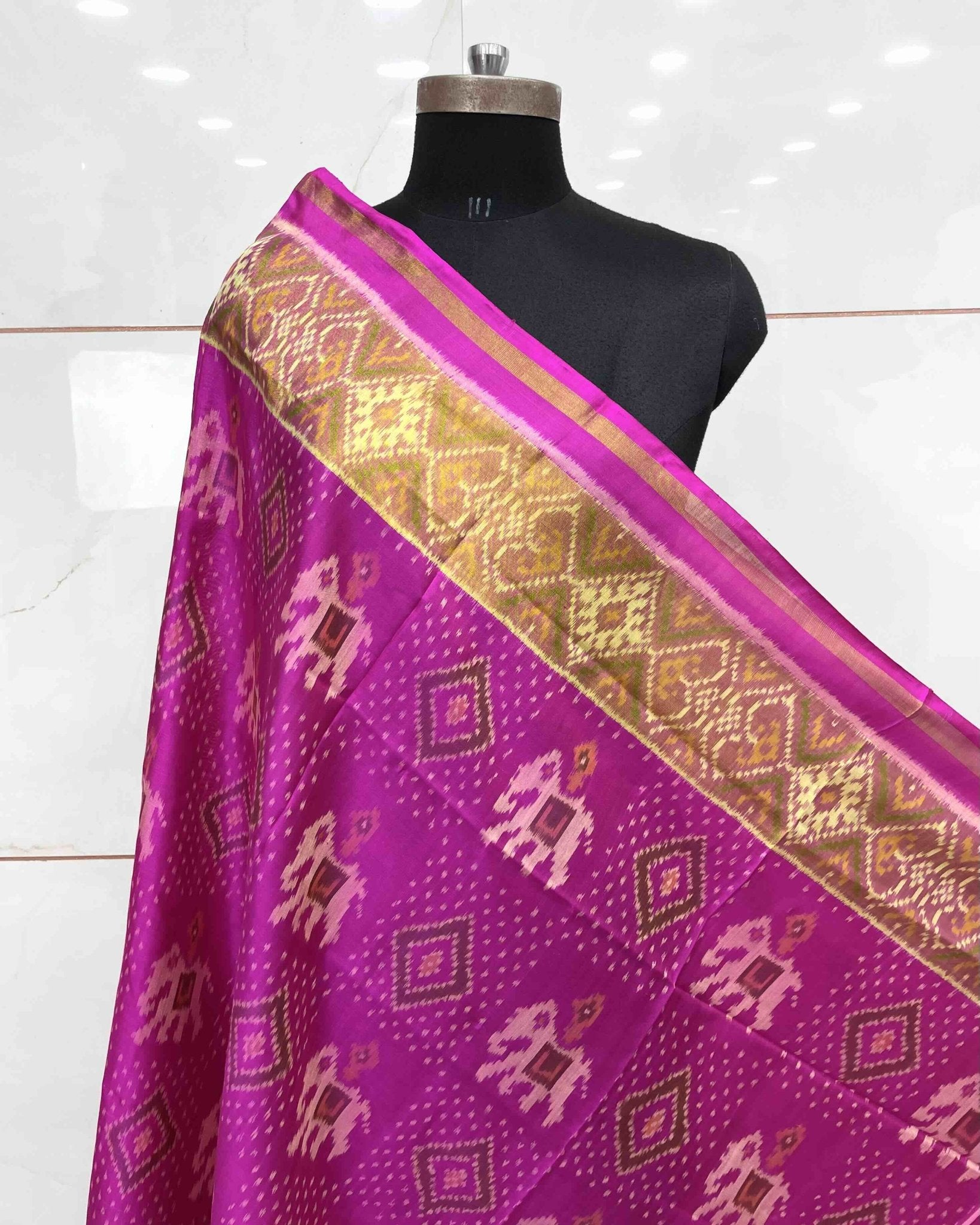 Pink Elephant Panchanda Mix Patola Dupatta - SindhoiPatolaArt