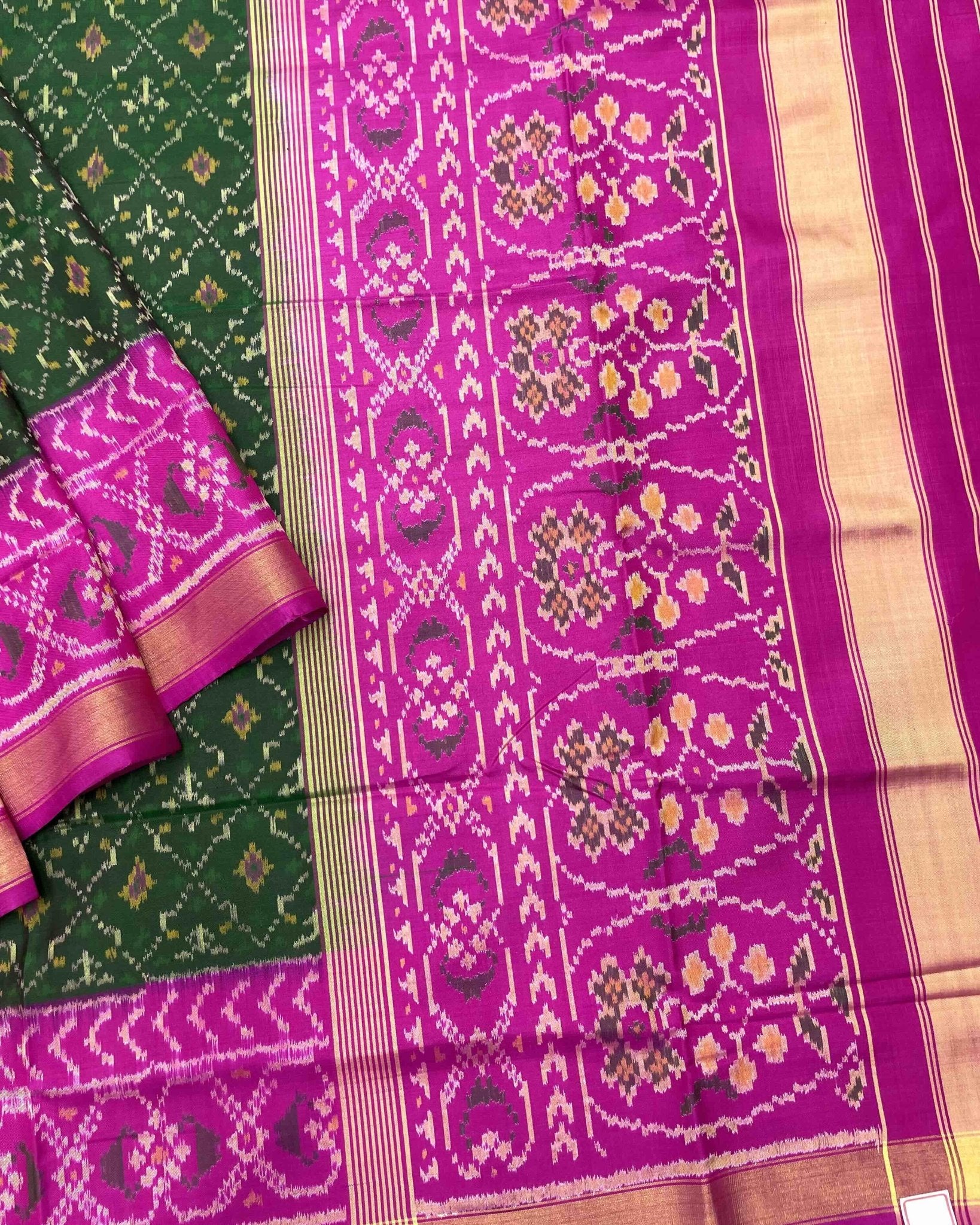 Pink & Green Buttonful Patola Saree - SindhoiPatolaArt
