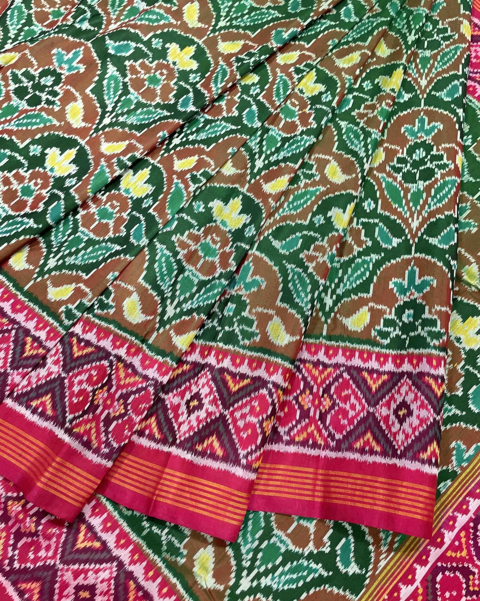 Pink & Green Flower Designer Patola Saree - SindhoiPatolaArt