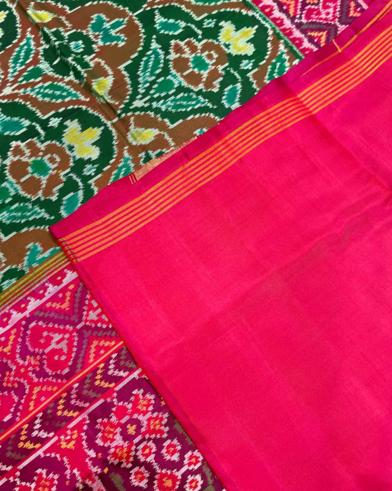 Pink & Green Flower Designer Patola Saree - SindhoiPatolaArt