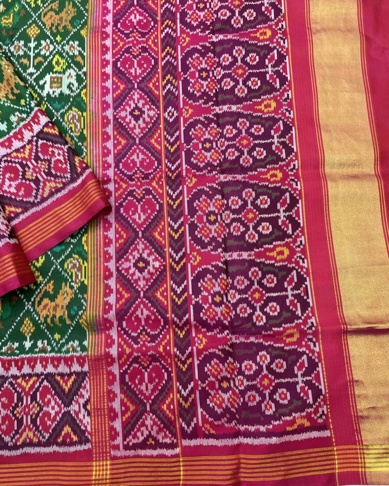 Pink & Green Narikunj Designer Patola Saree - SindhoiPatolaArt