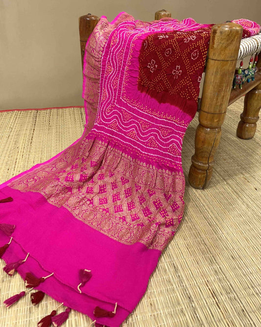 Pink & Maroon Georgette Bandhani Dupatta - SindhoiPatolaArt