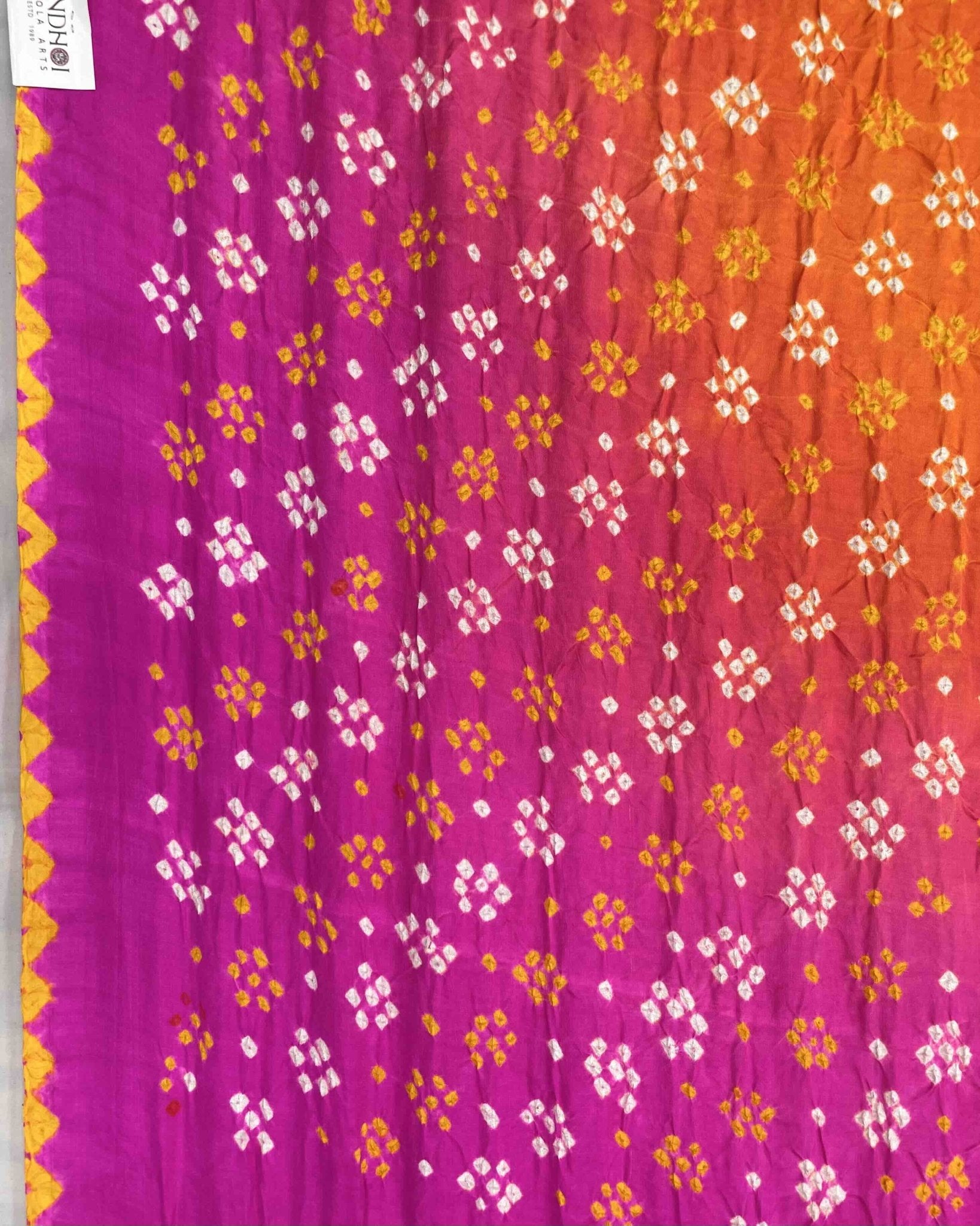 Pink & Orage Gajji Silk Bandhani Saree - SindhoiPatolaArt