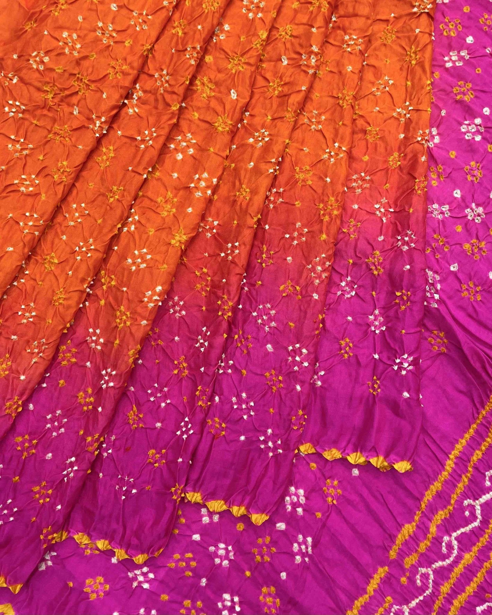 Pink & Orage Gajji Silk Bandhani Saree - SindhoiPatolaArt