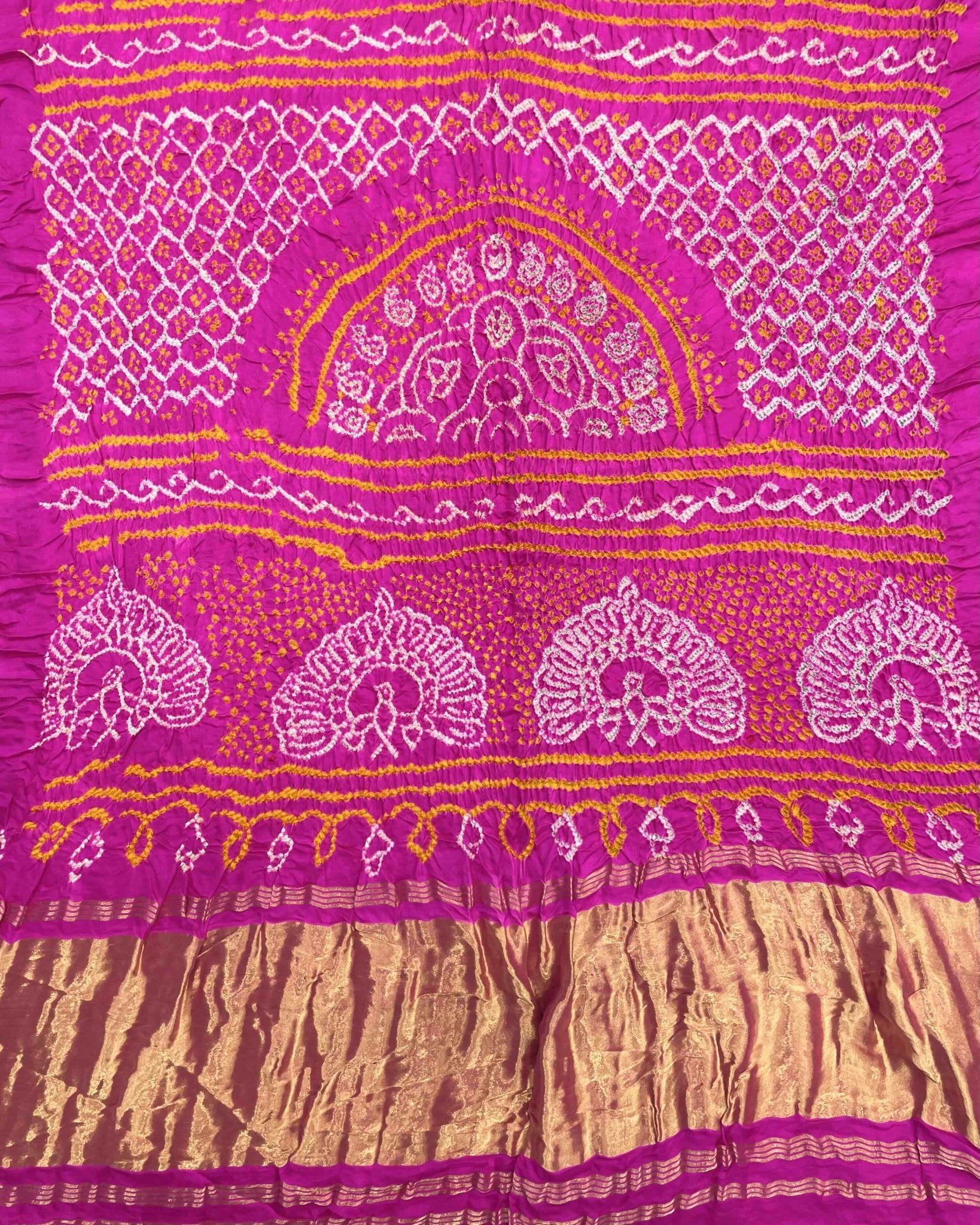Pink & Orage Gajji Silk Bandhani Saree - SindhoiPatolaArt