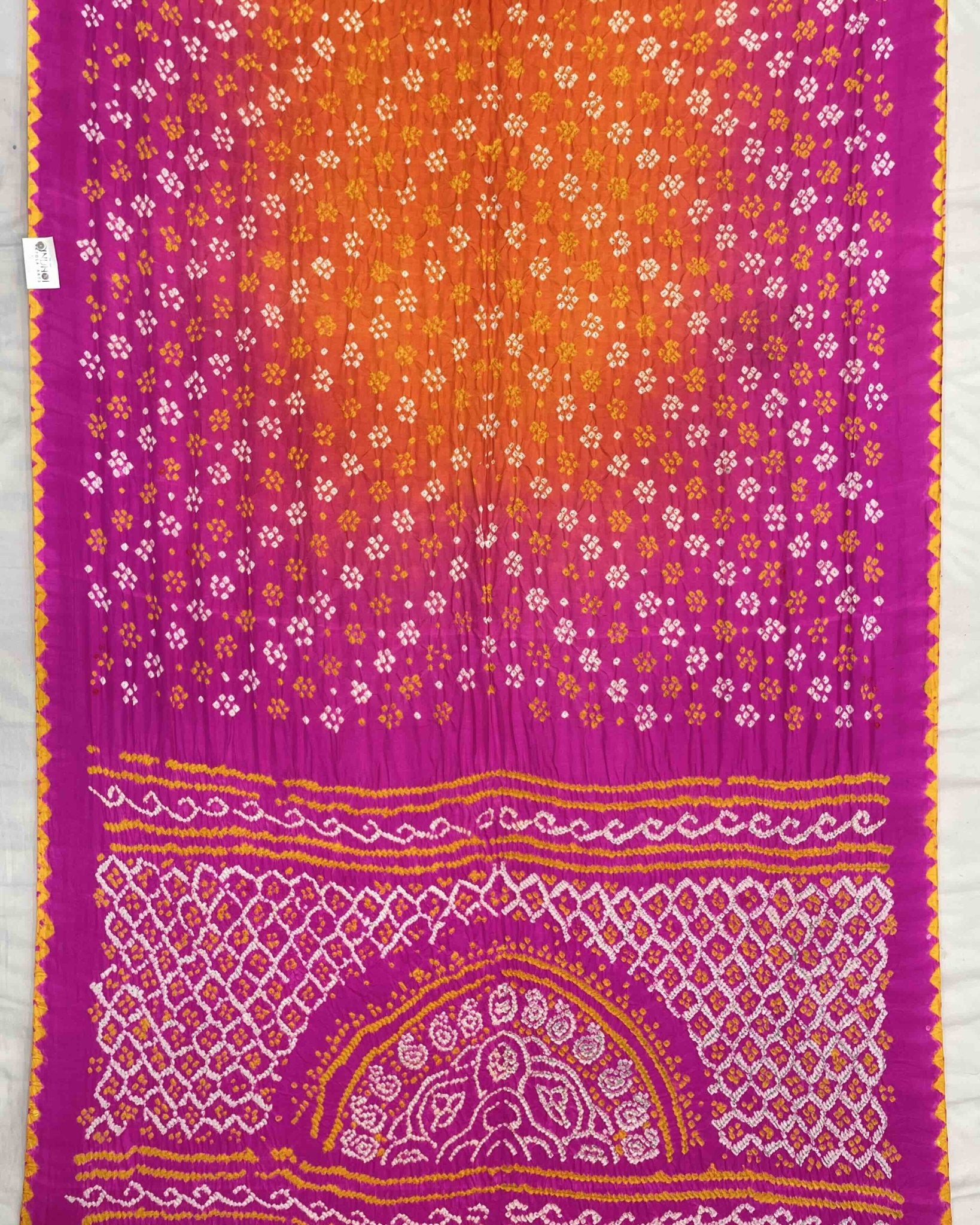Pink & Orage Gajji Silk Bandhani Saree - SindhoiPatolaArt