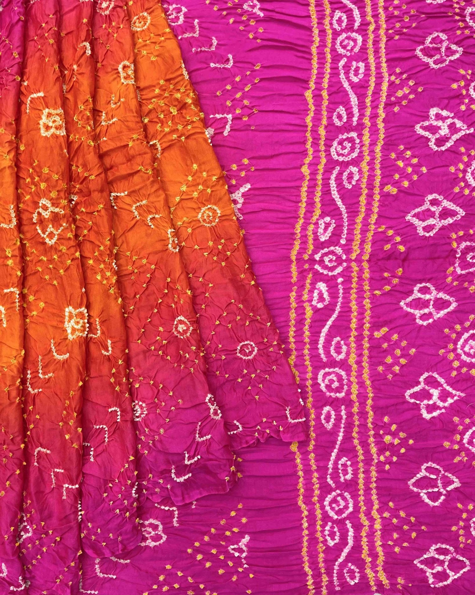 Pink & Orage Shaded Gajji Silk Bandhani Saree - SindhoiPatolaArt