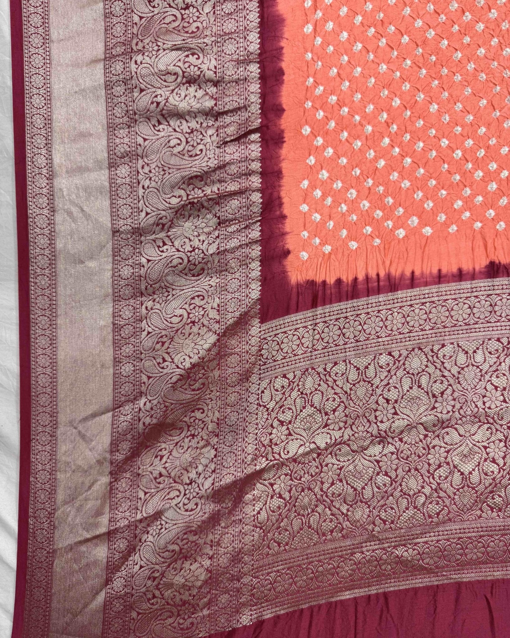 Pink & Peach Kanchipuram Bandhani Dupatta - SindhoiPatolaArt