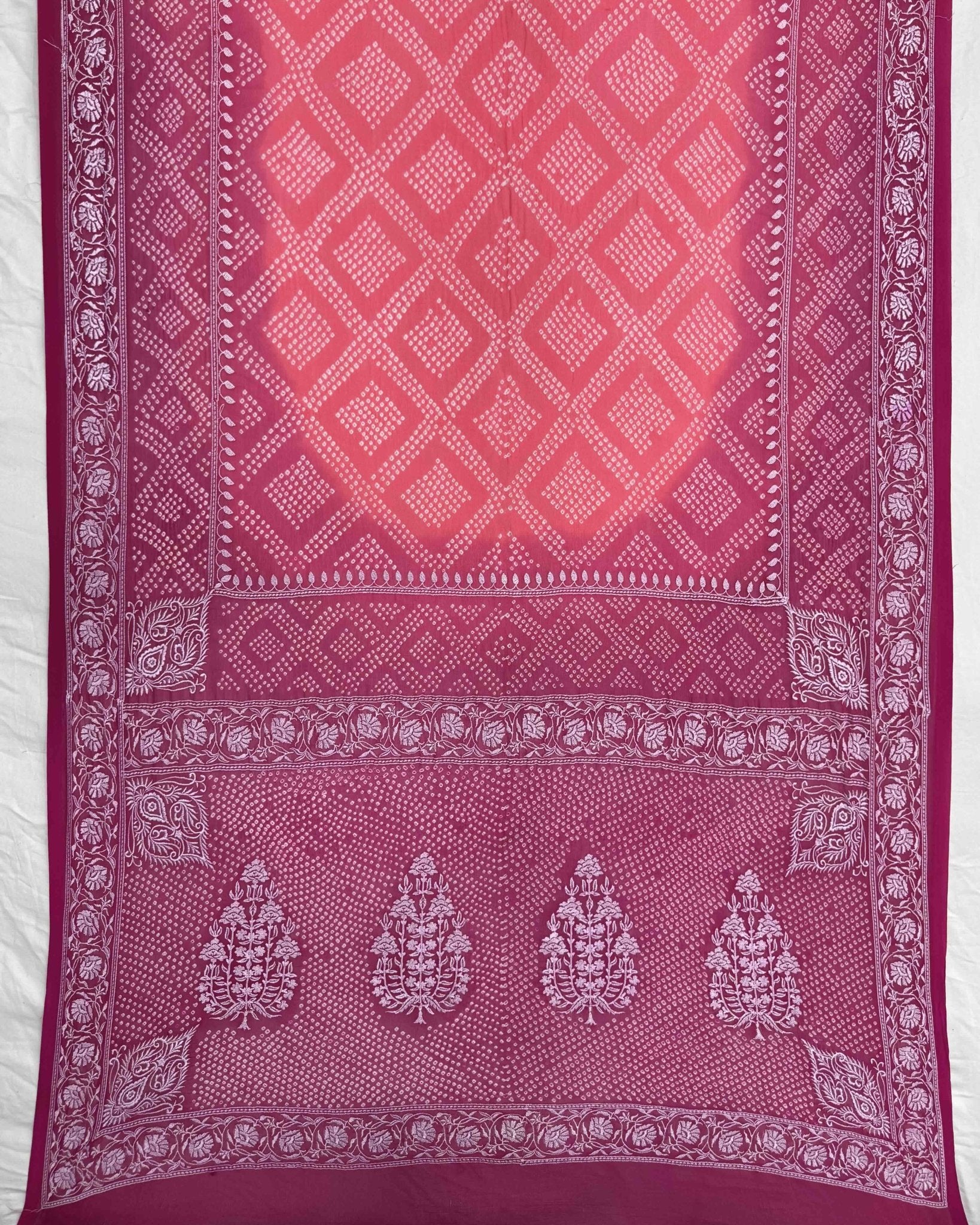 Pink & Peach Shaded Lukhnowi Work Georgette Bandhani Saree - SindhoiPatolaArt