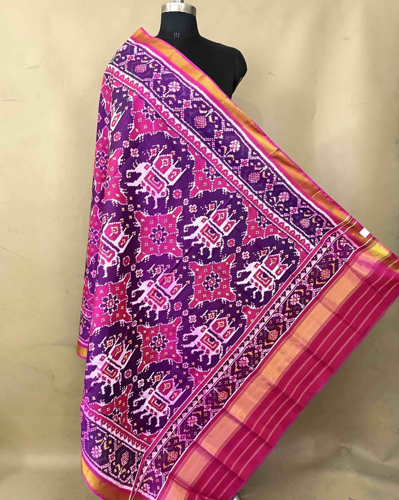 Pink & Purple Big Figure Chhabdi Elephant Patola Dupatta - SindhoiPatolaArt