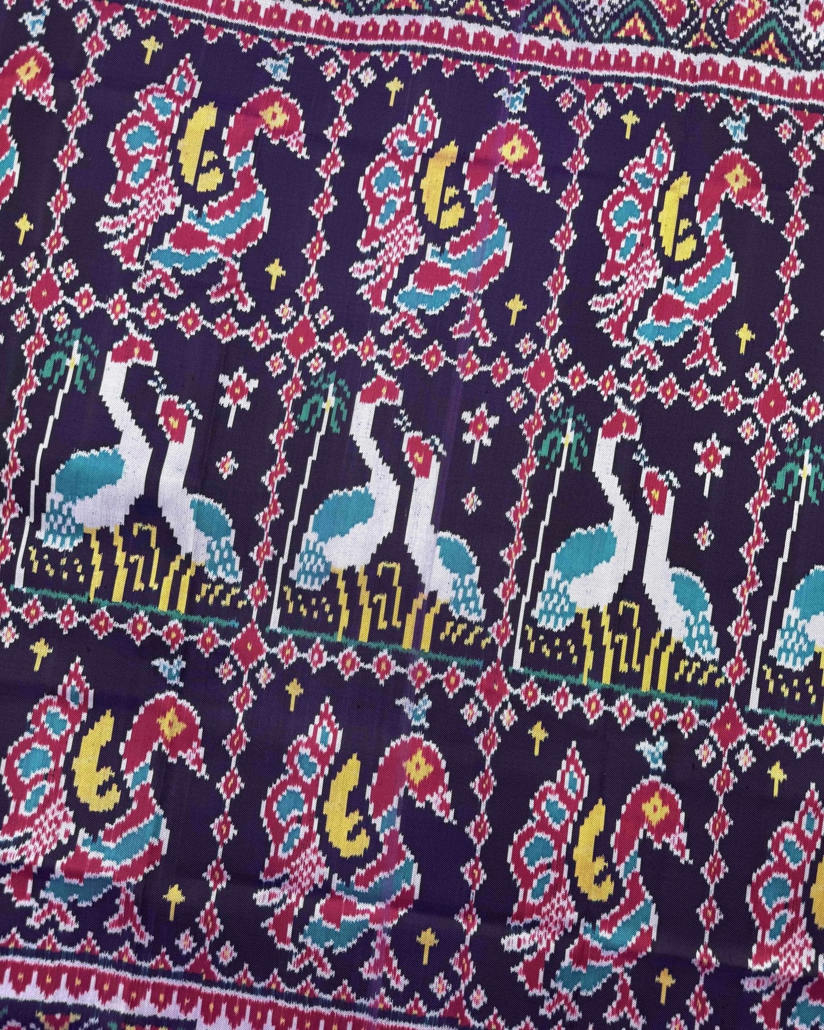 Pink & Purple Big Figure Peacock Swan Twill Patola Saree - SindhoiPatolaArt