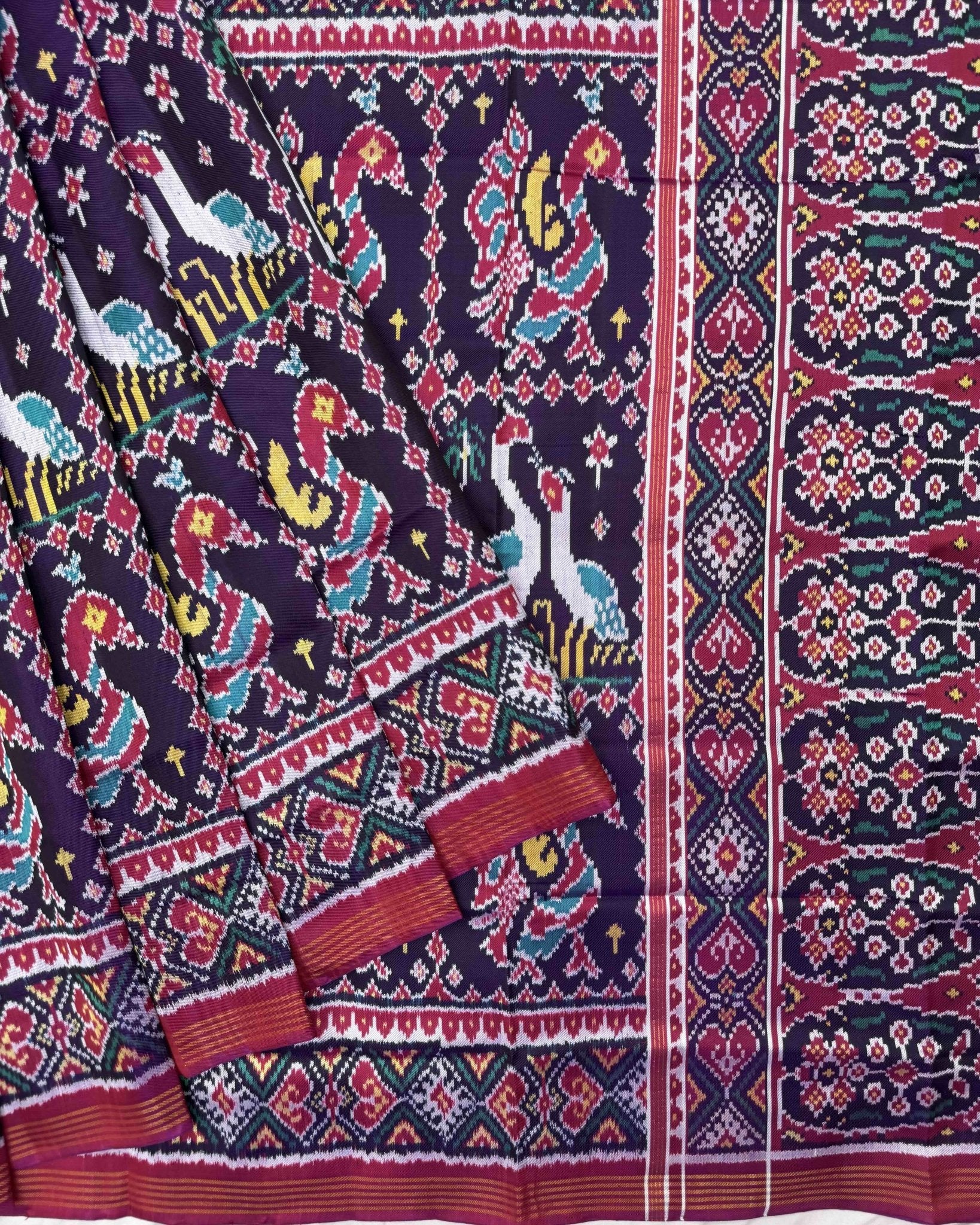 Pink & Purple Big Figure Peacock Swan Twill Patola Saree - SindhoiPatolaArt