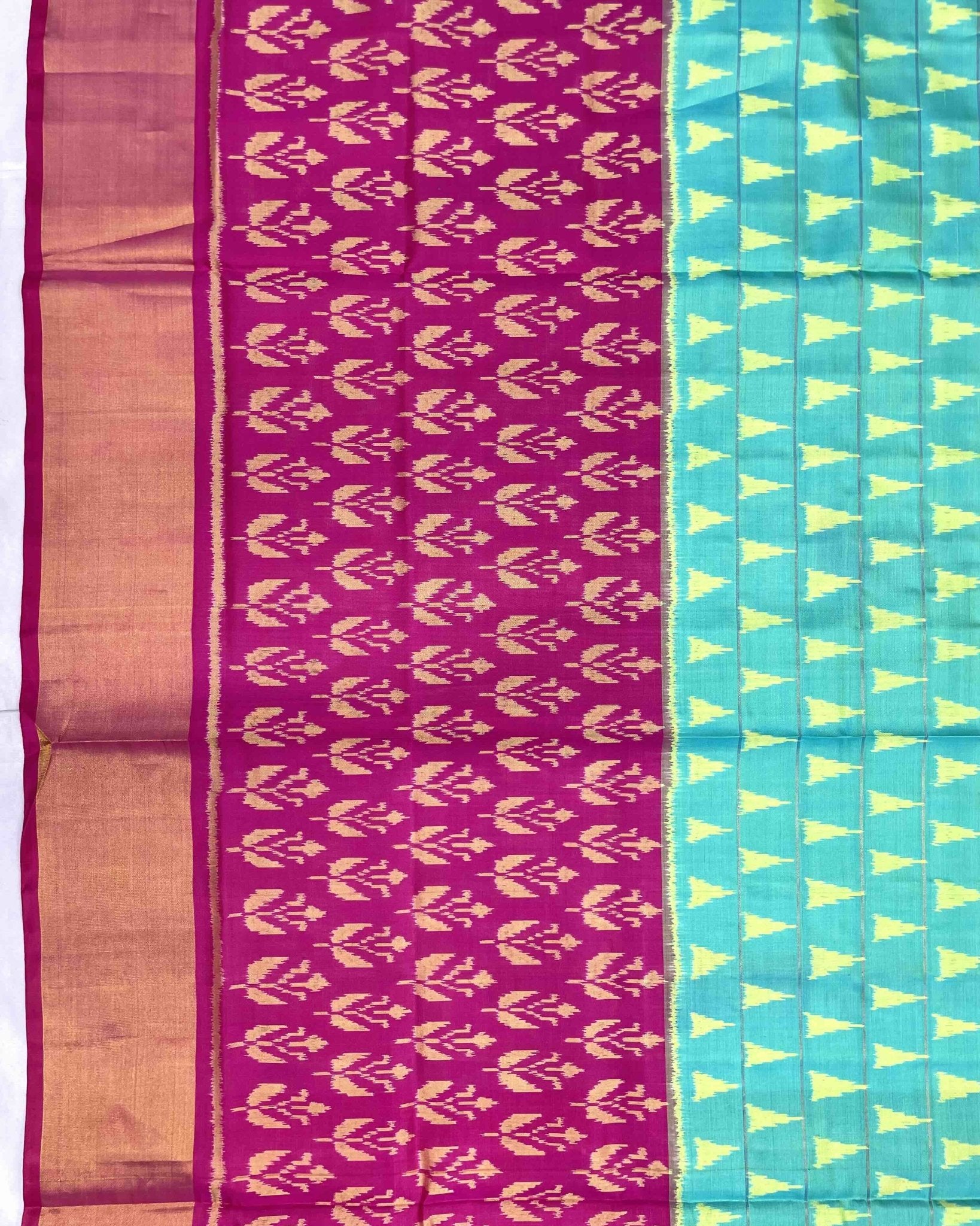 Pink & Sea Green Fancy Design with Scut Border Patola Saree - SindhoiPatolaArt
