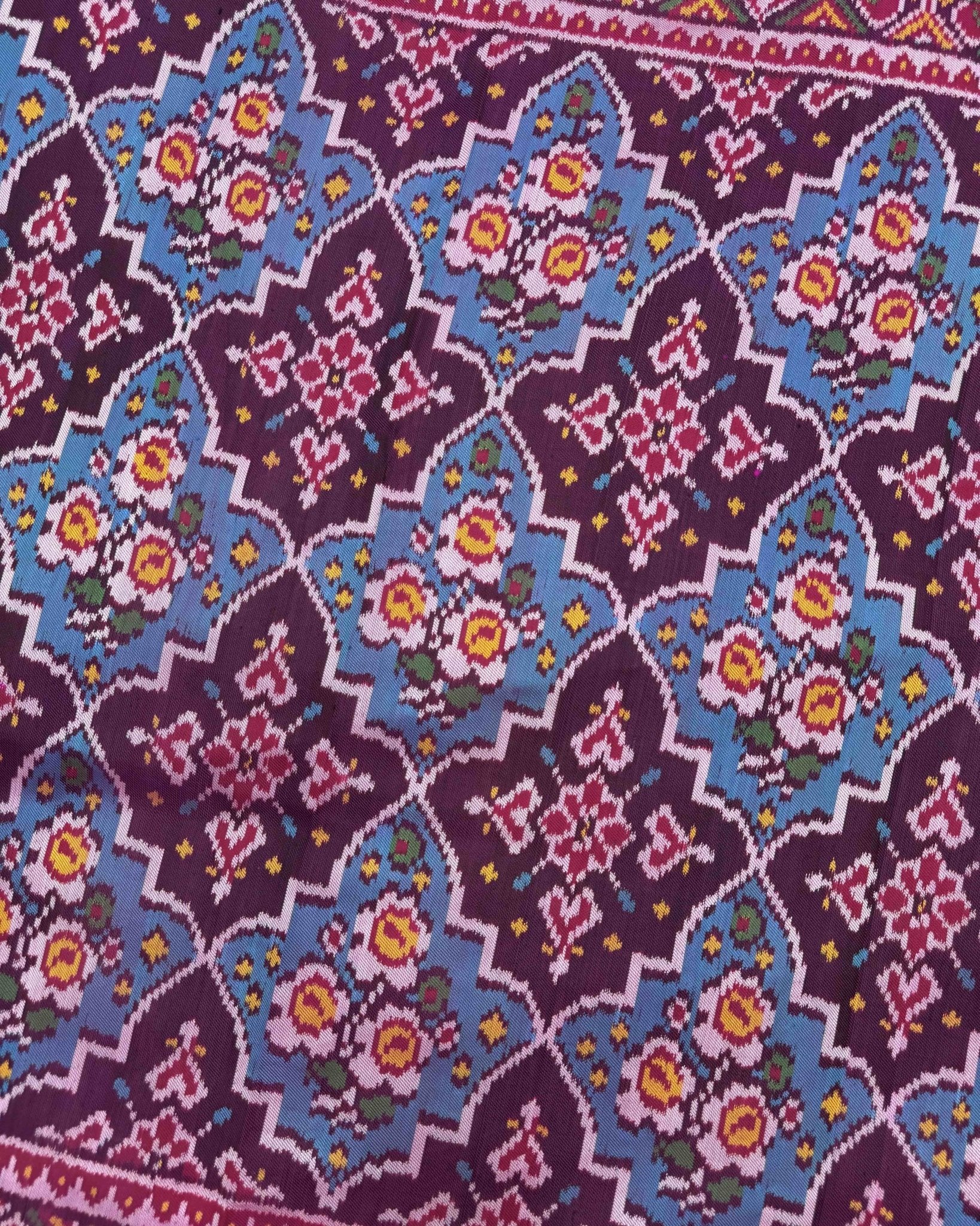 Pink & Sky Blue Flower Twill Patola Saree - SindhoiPatolaArt