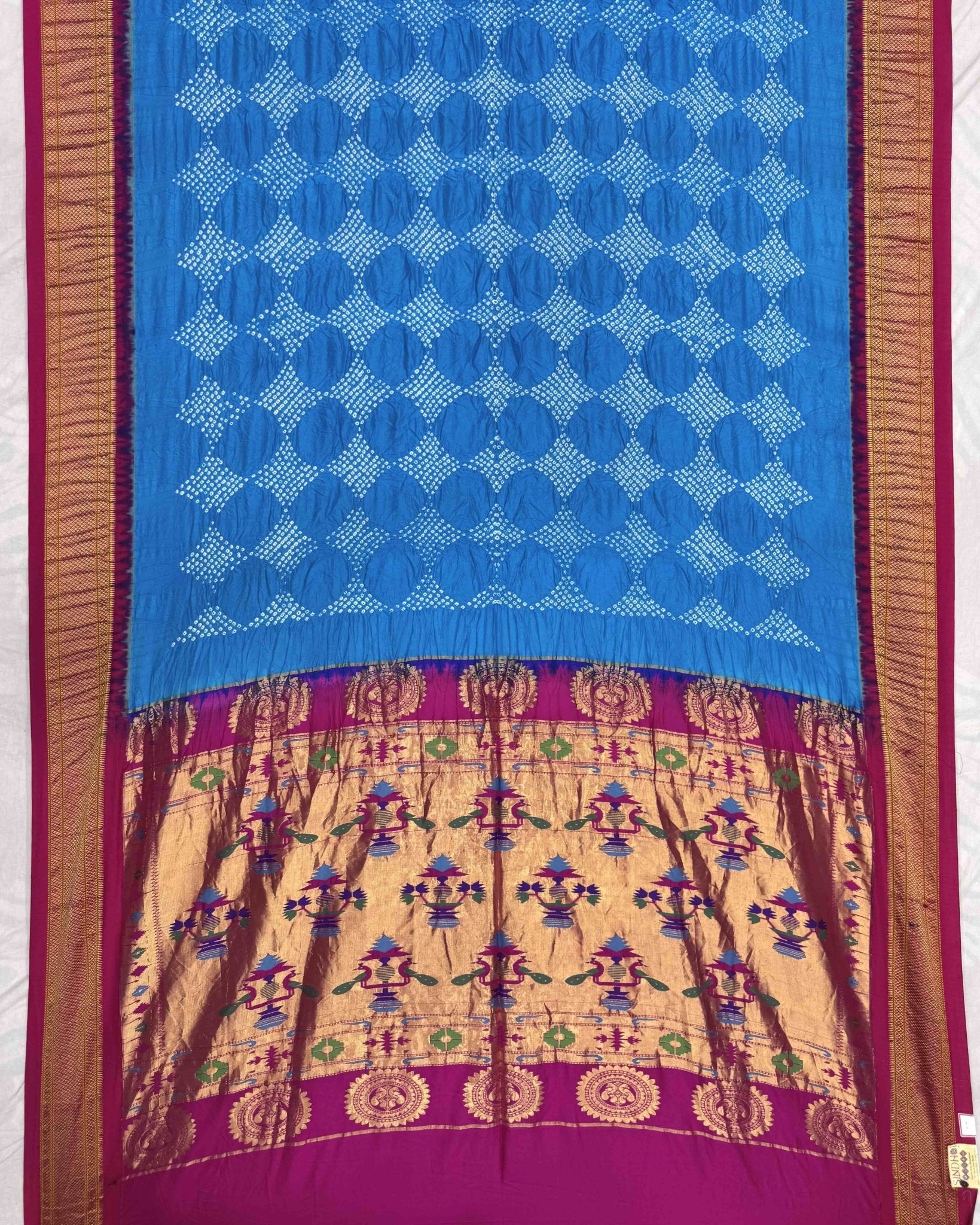 Pink & Sky Blue Paithani Bandhani Saree - SindhoiPatolaArt