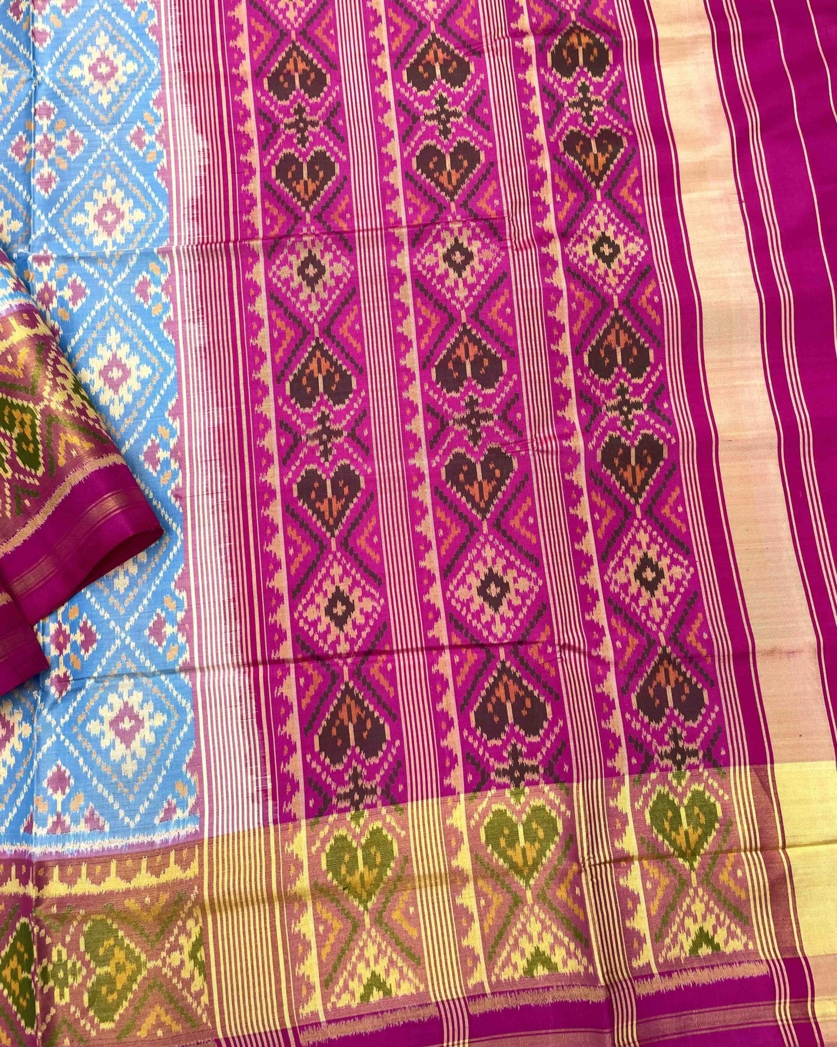 Pink & Sky Blue Panchanda Patola Saree - SindhoiPatolaArt