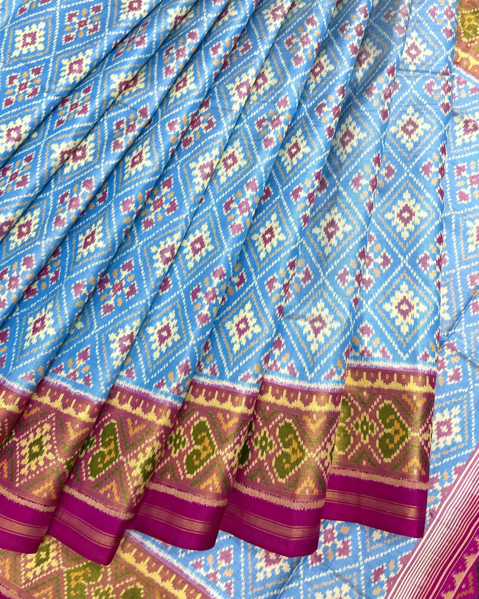 Pink & Sky Blue Panchanda Patola Saree - SindhoiPatolaArt