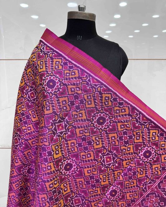 Pink & Yellow Manekchowk Semi Double Ikat Patola Dupatta - SindhoiPatolaArt