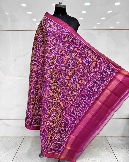 Pink & Yellow Manekchowk Semi Double Ikat Patola Dupatta - SindhoiPatolaArt