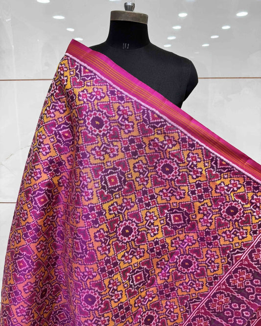 Pink & Yellow Navratan Semi Double Ikat Patola Dupatta - SindhoiPatolaArt