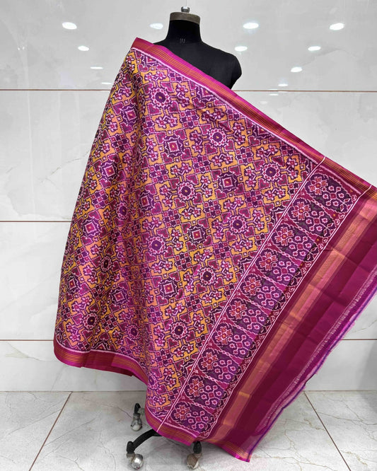 Pink & Yellow Navratan Semi Double Ikat Patola Dupatta - SindhoiPatolaArt