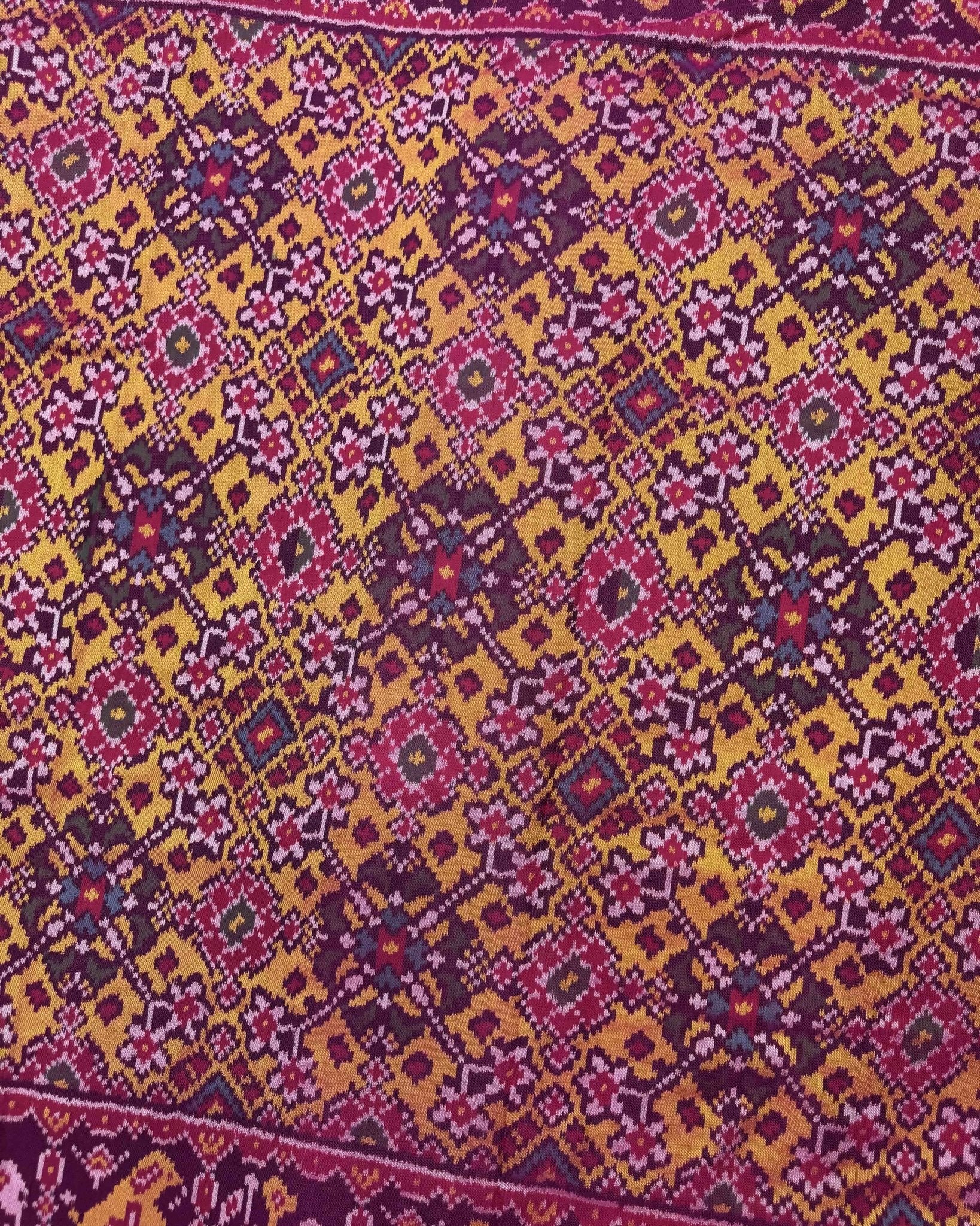 Pink & Yellow Navratan Semi Double Ikat Patola Saree - SindhoiPatolaArt