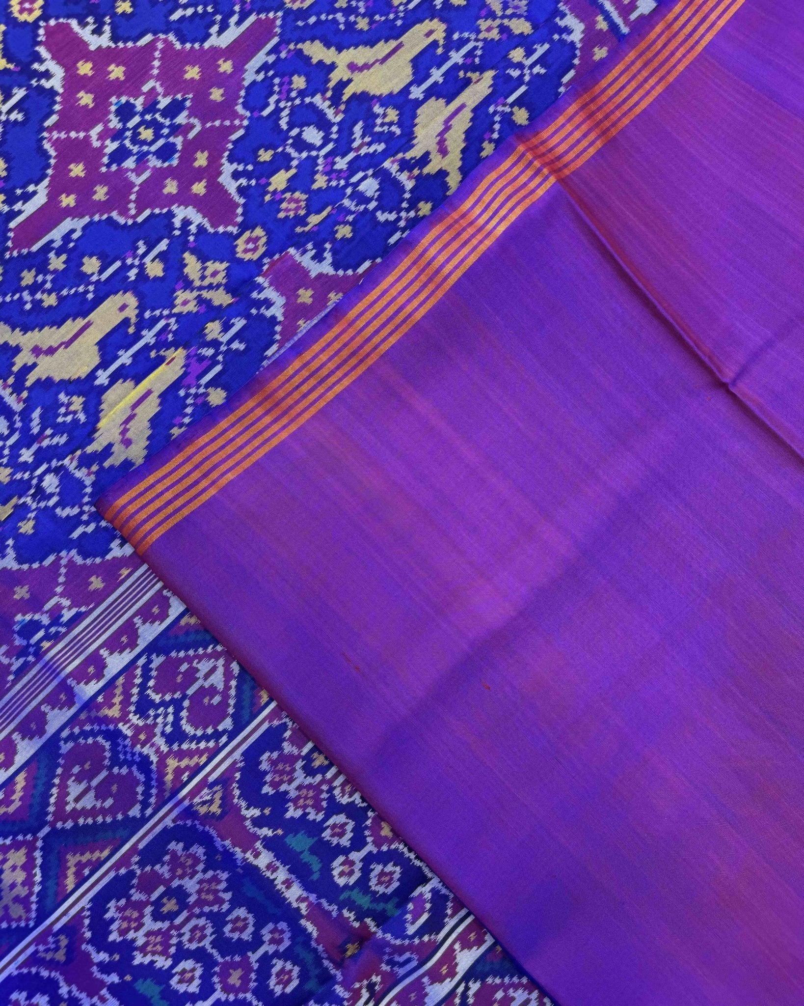 Purple & Blue Chhabdi Birds Semi Double Ikat Patola Saree - SindhoiPatolaArt