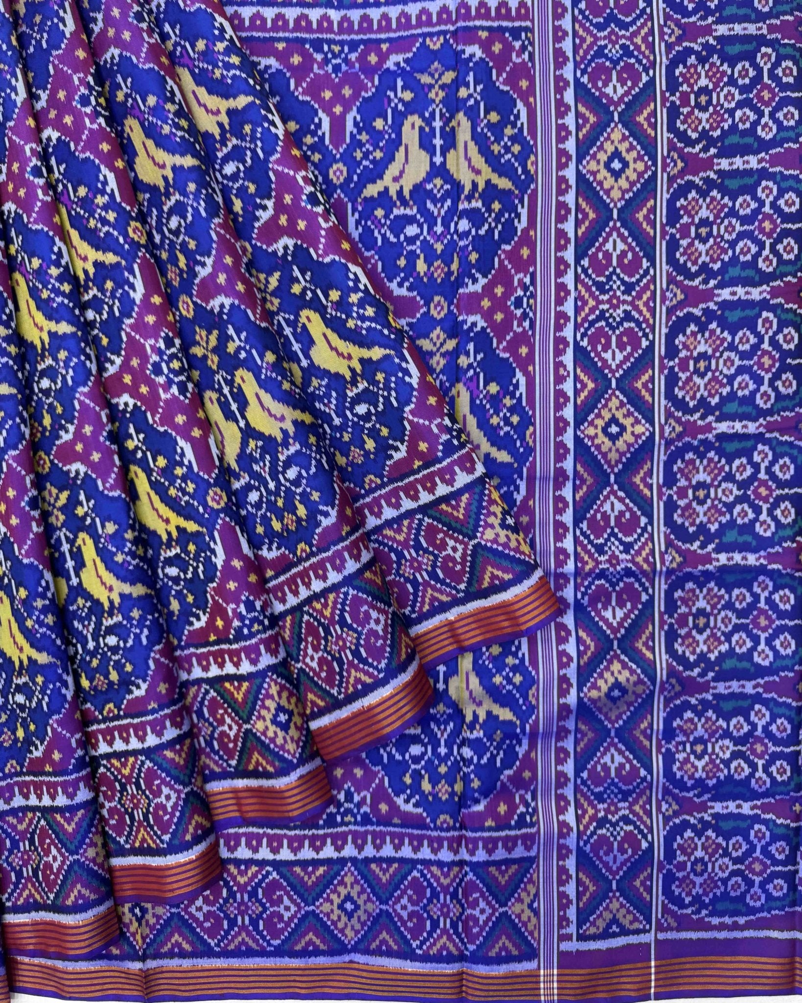 Purple & Blue Chhabdi Birds Semi Double Ikat Patola Saree - SindhoiPatolaArt