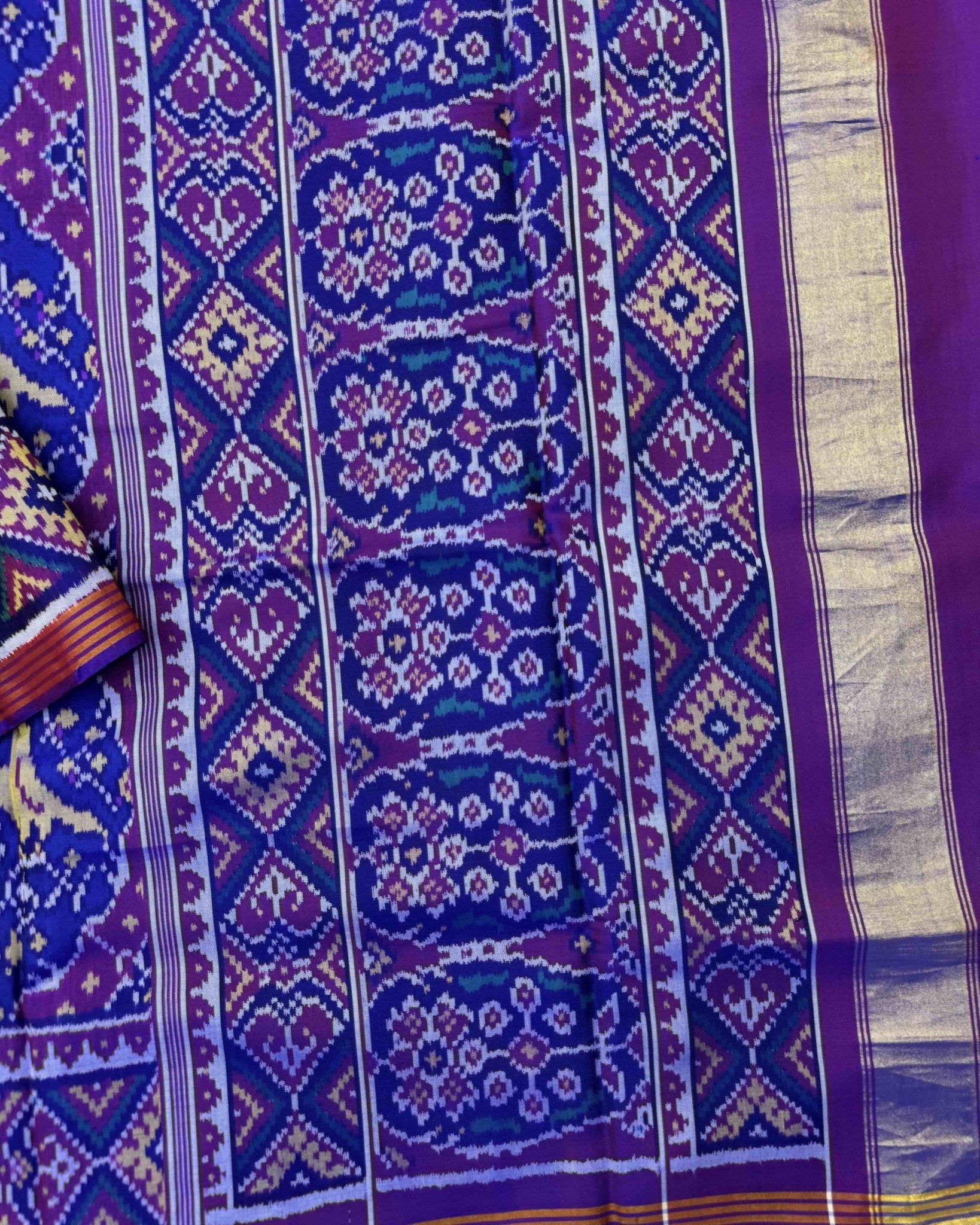 Purple & Blue Chhabdi Birds Semi Double Ikat Patola Saree - SindhoiPatolaArt