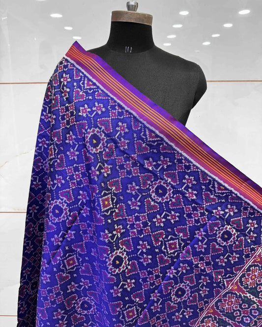 Purple & Blue Navratan Manekchowk Semi Double Ikat Patola Dupatta - SindhoiPatolaArt