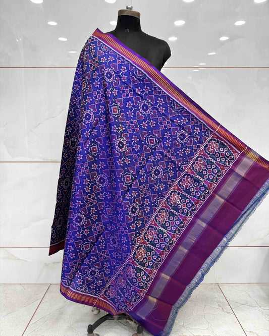 Purple & Blue Navratan Manekchowk Semi Double Ikat Patola Dupatta - SindhoiPatolaArt