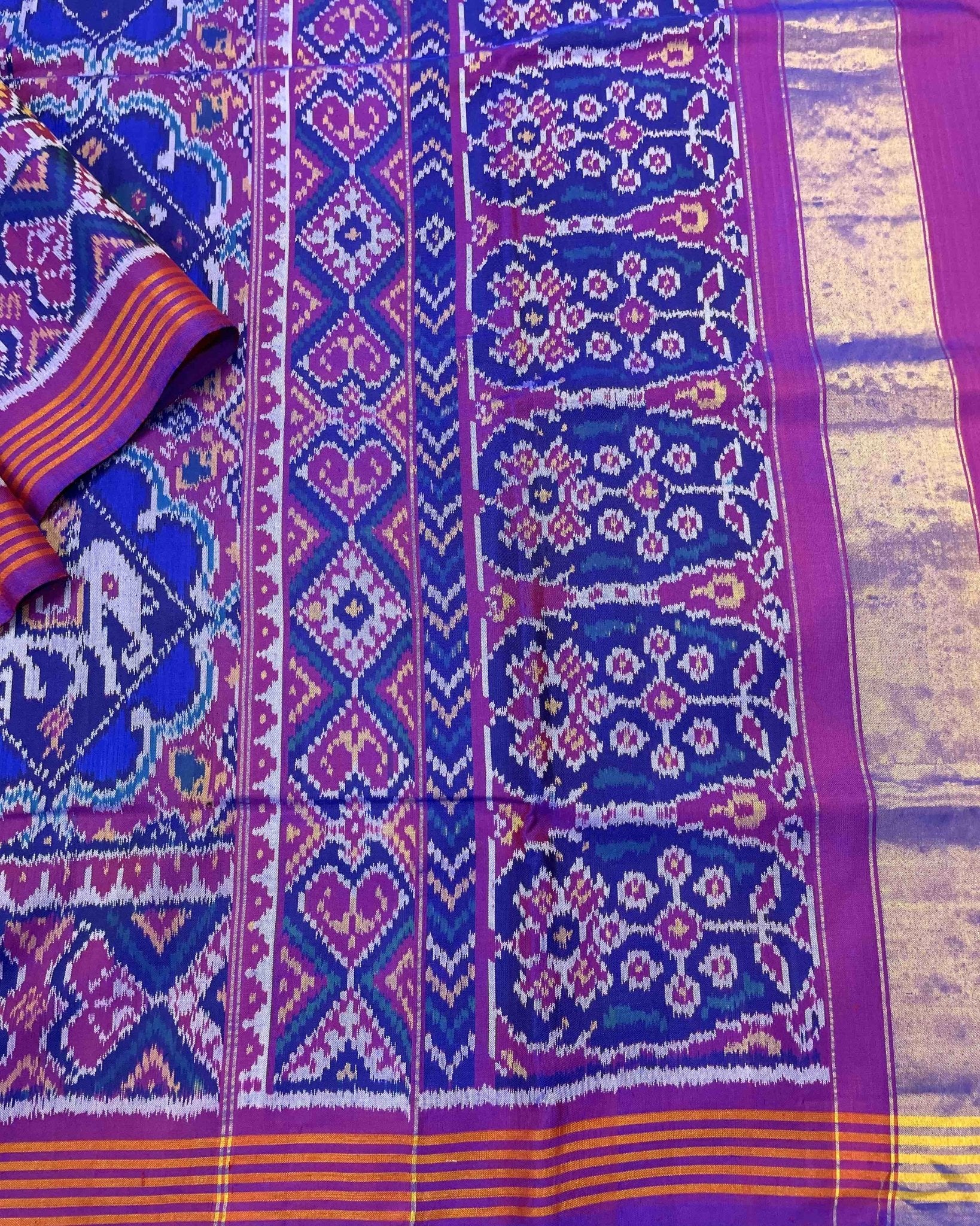 Purple & Blue Star Narikunj Designer Patola Saree - SindhoiPatolaArt
