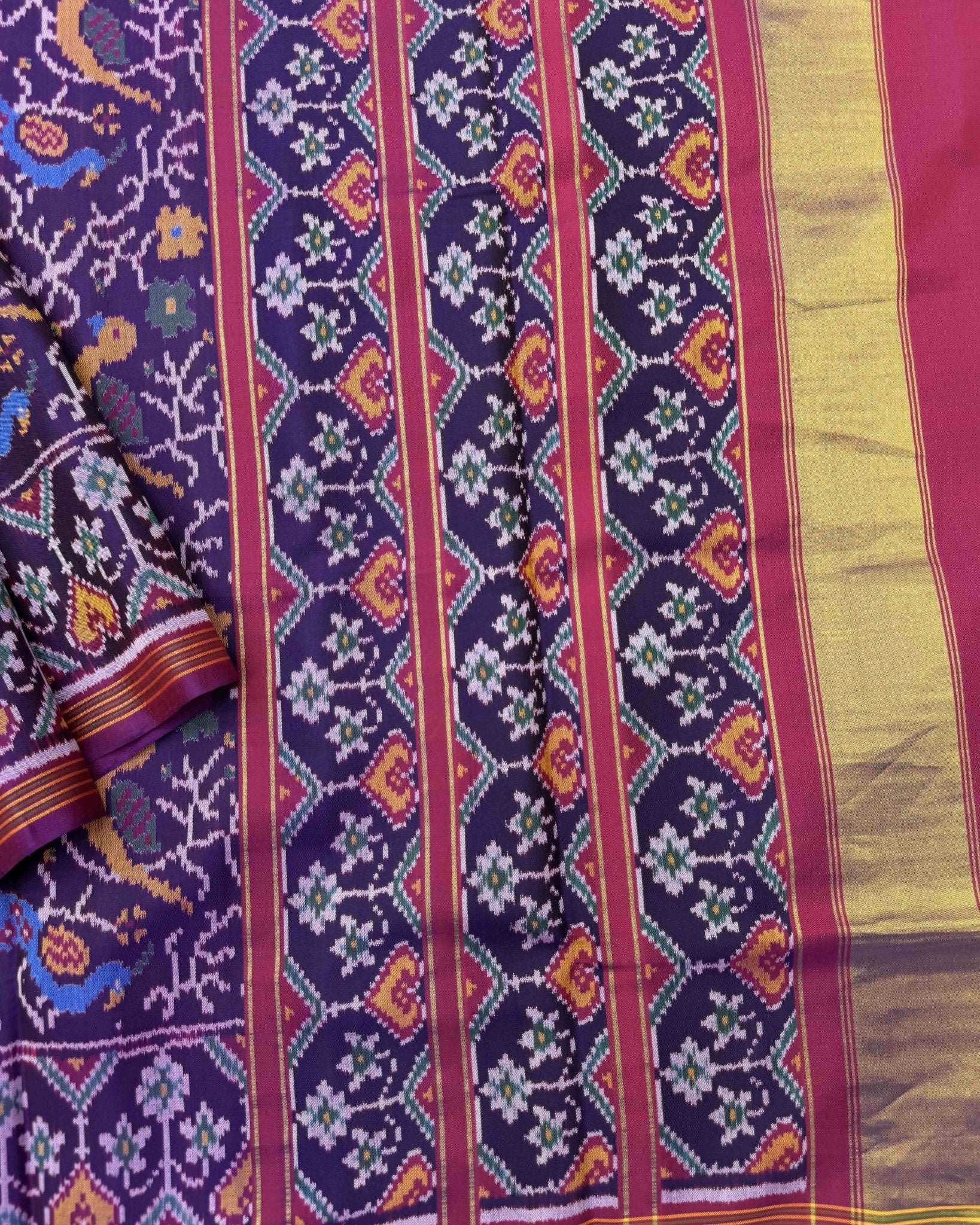Purple Fancy Peacock Parrot Semi Double Ikat Patola Saree - SindhoiPatolaArt